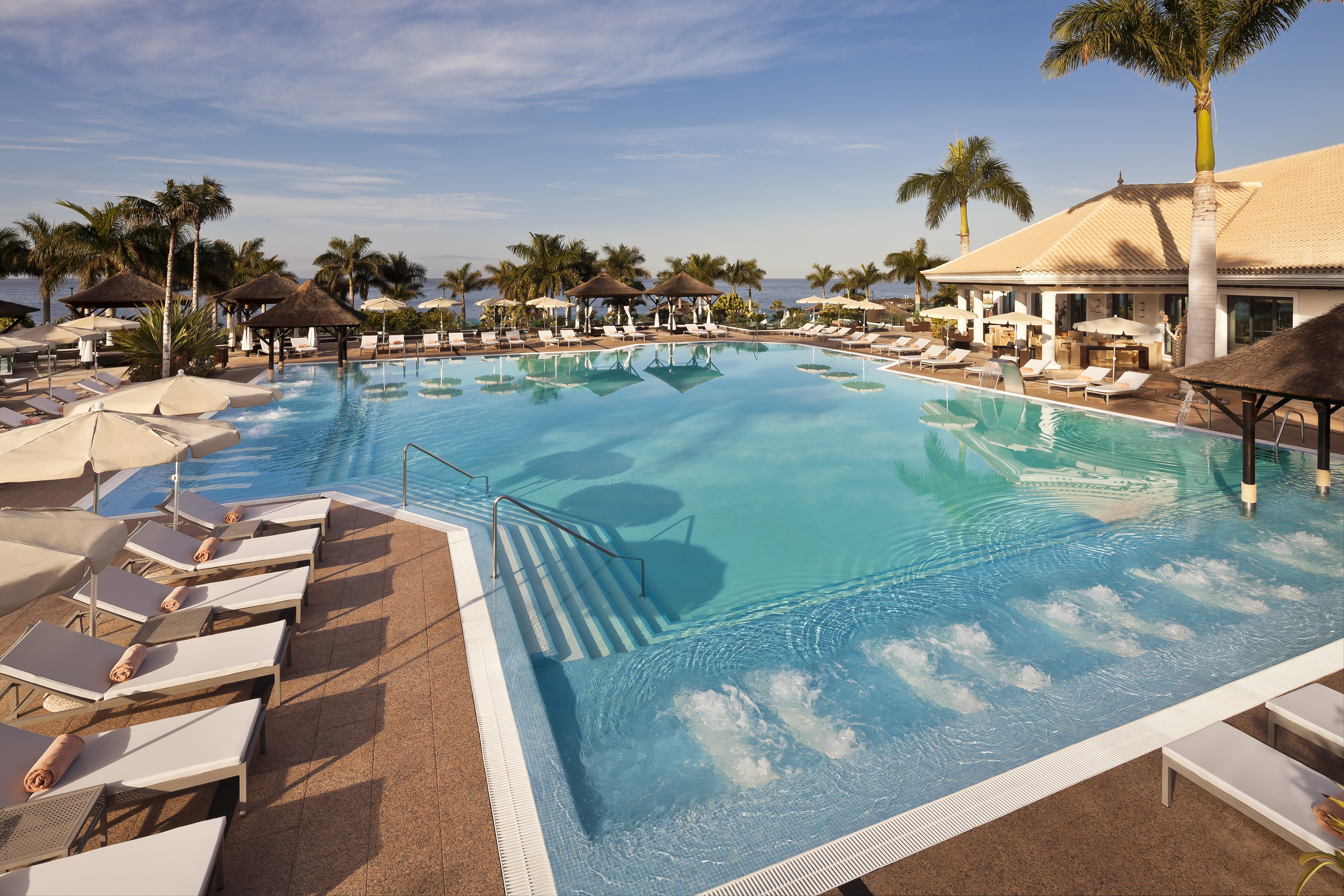 Luxury resort pool, palm trees, sun loungers, ocean view.