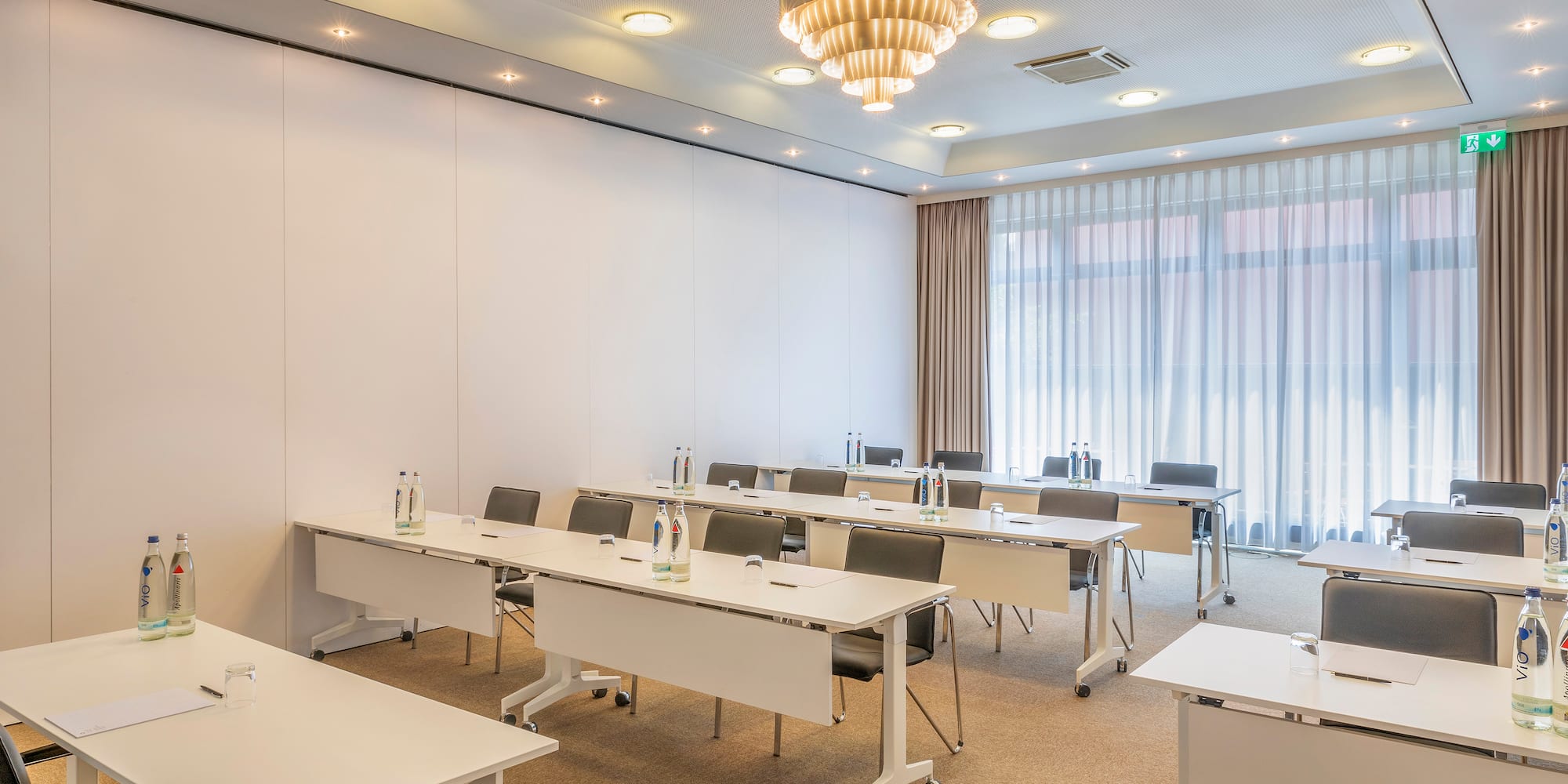 a room with tables and chairs