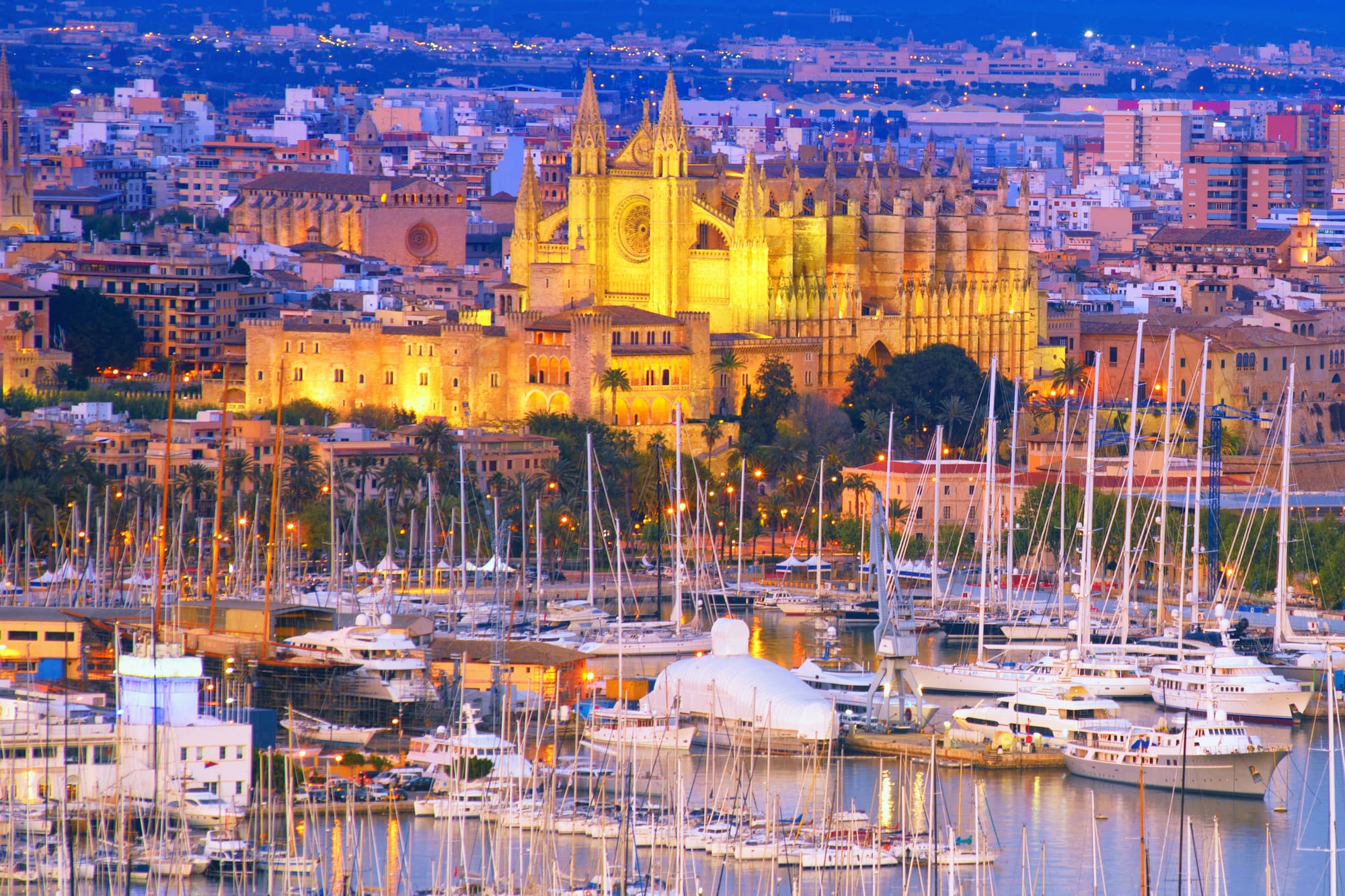 Palma de Mallorca, Catedral La Seu y puerto con yates al atardecer.