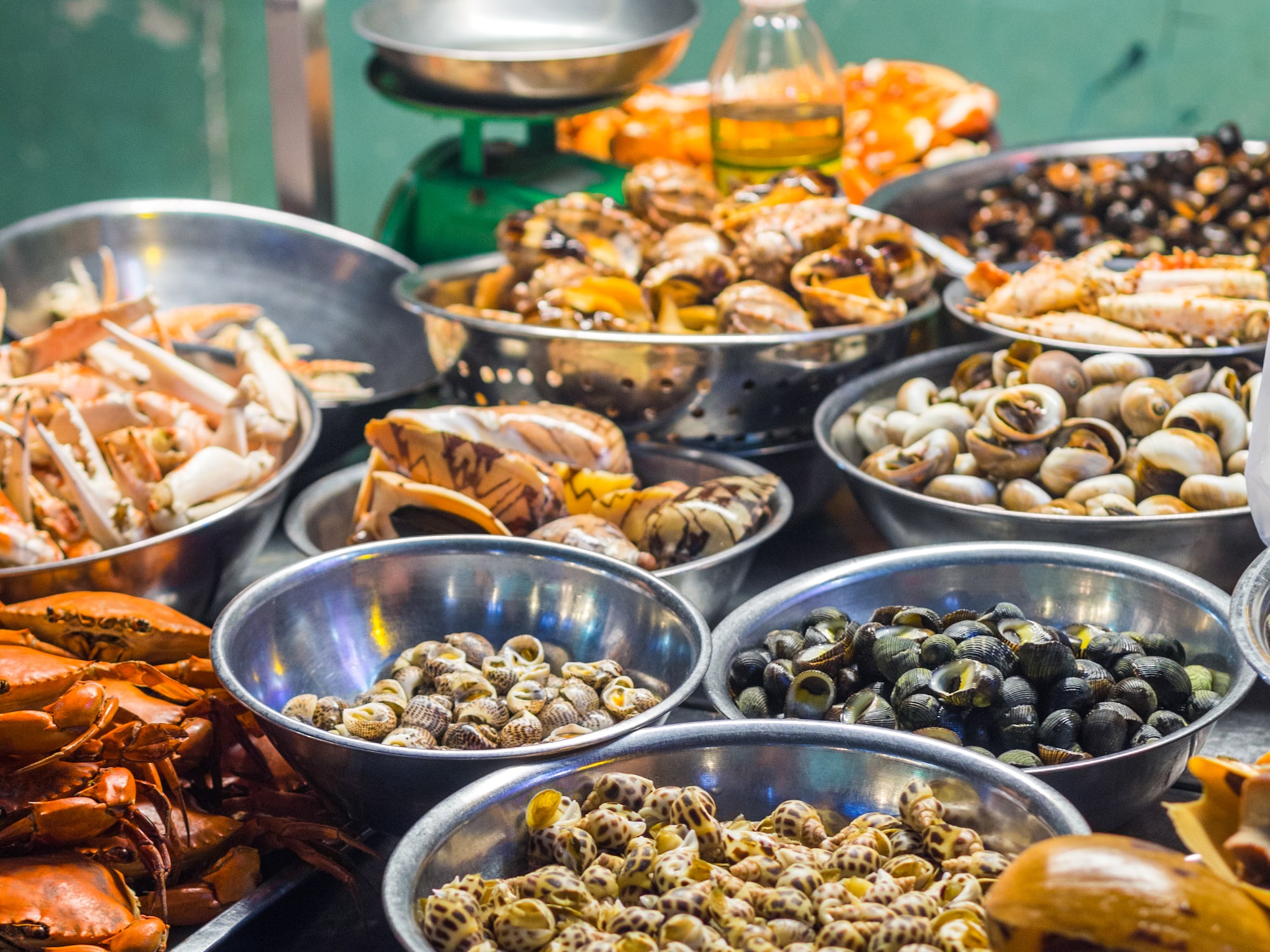 a group of bowls of food