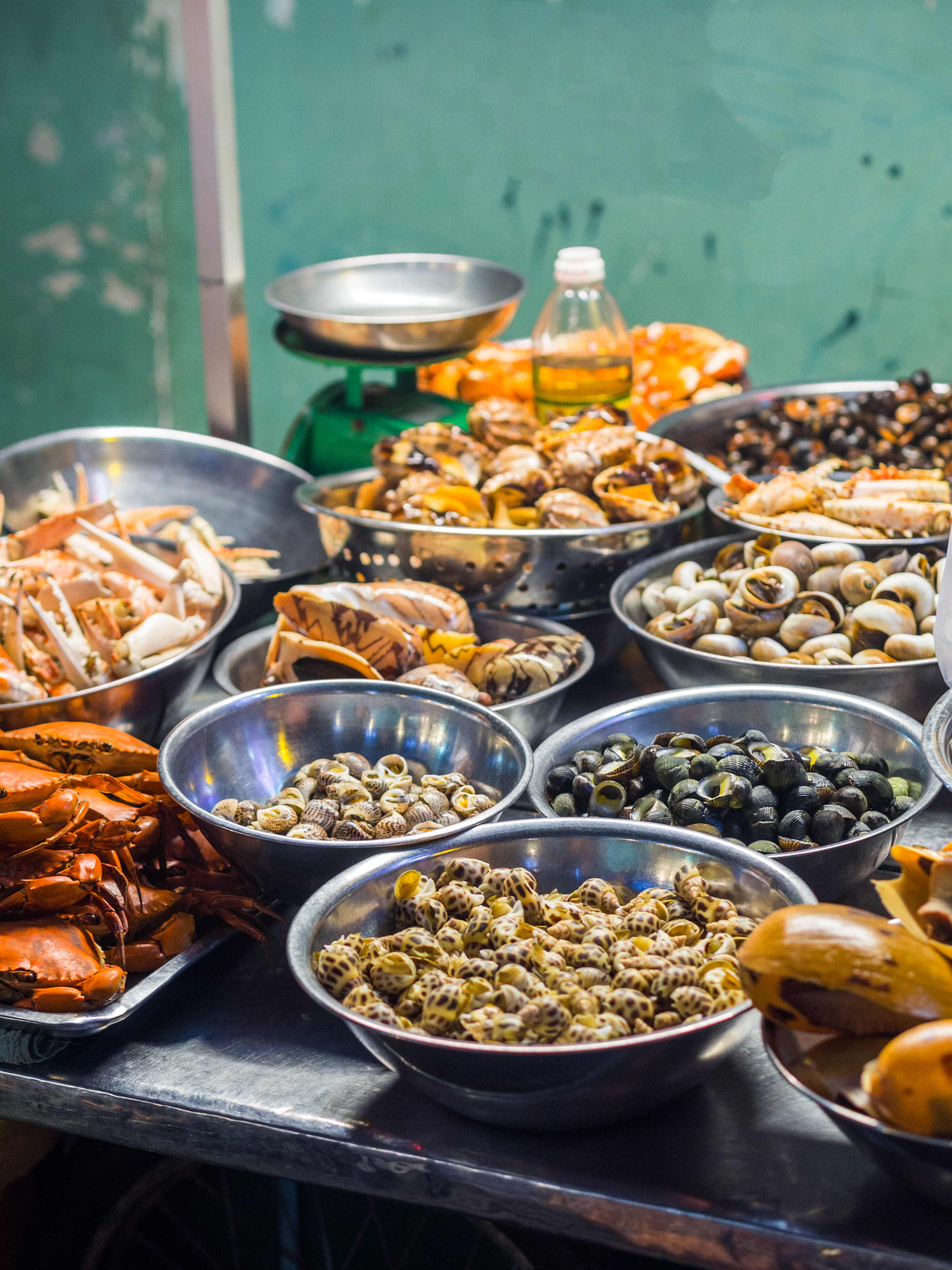 a group of bowls of food