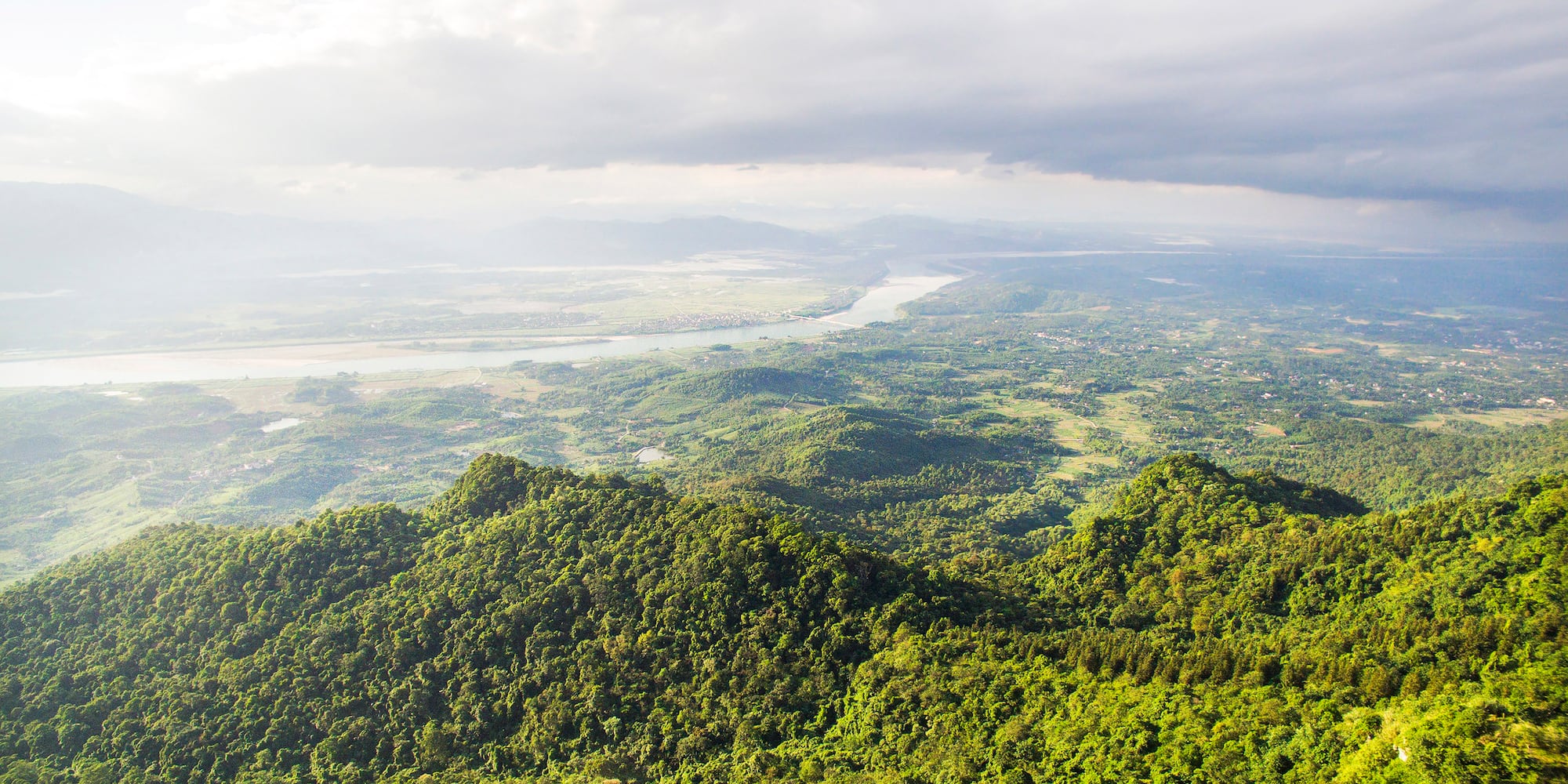 a view of a valley with trees and a river