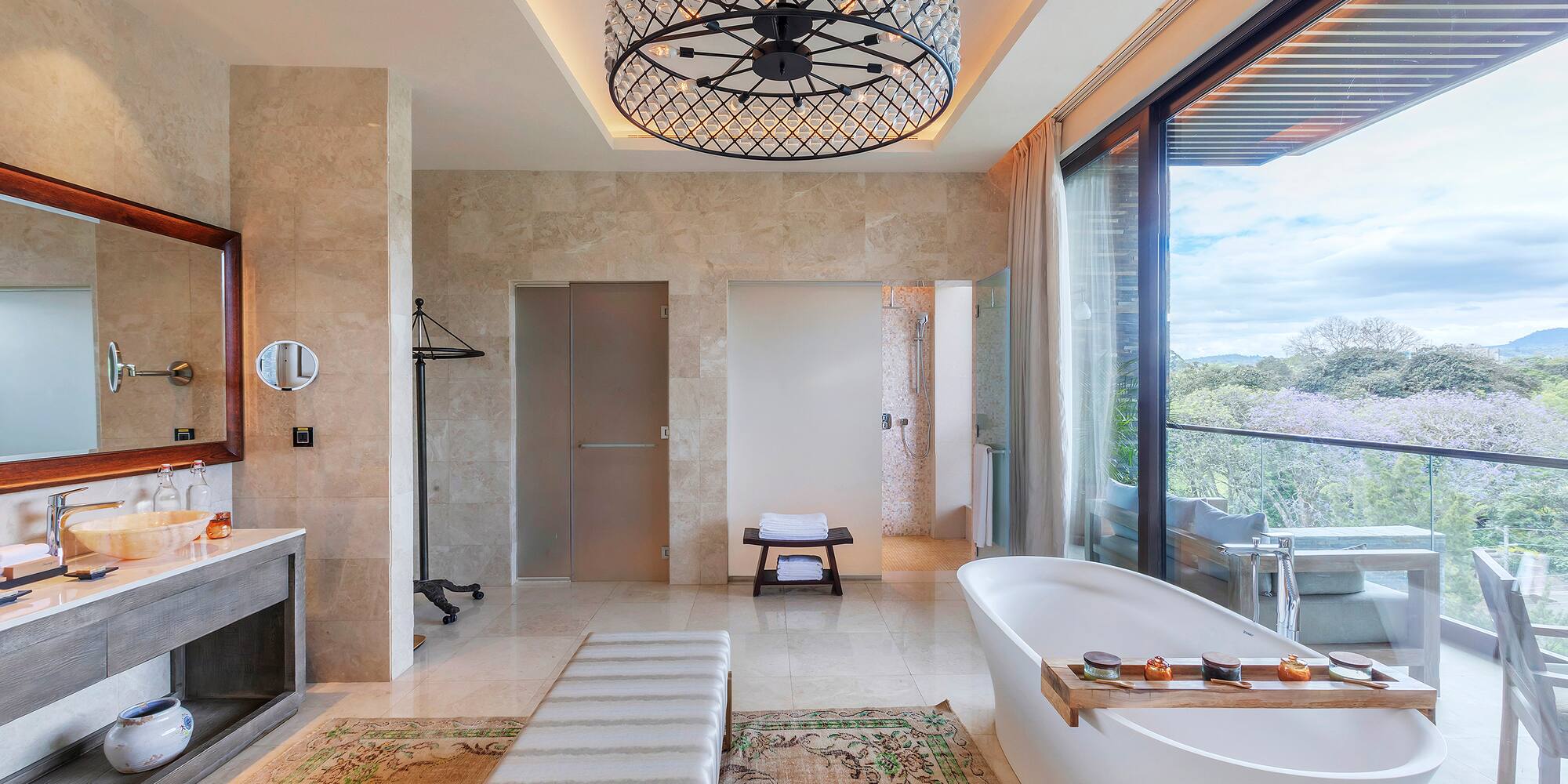 a bathroom with a tub and a fireplace