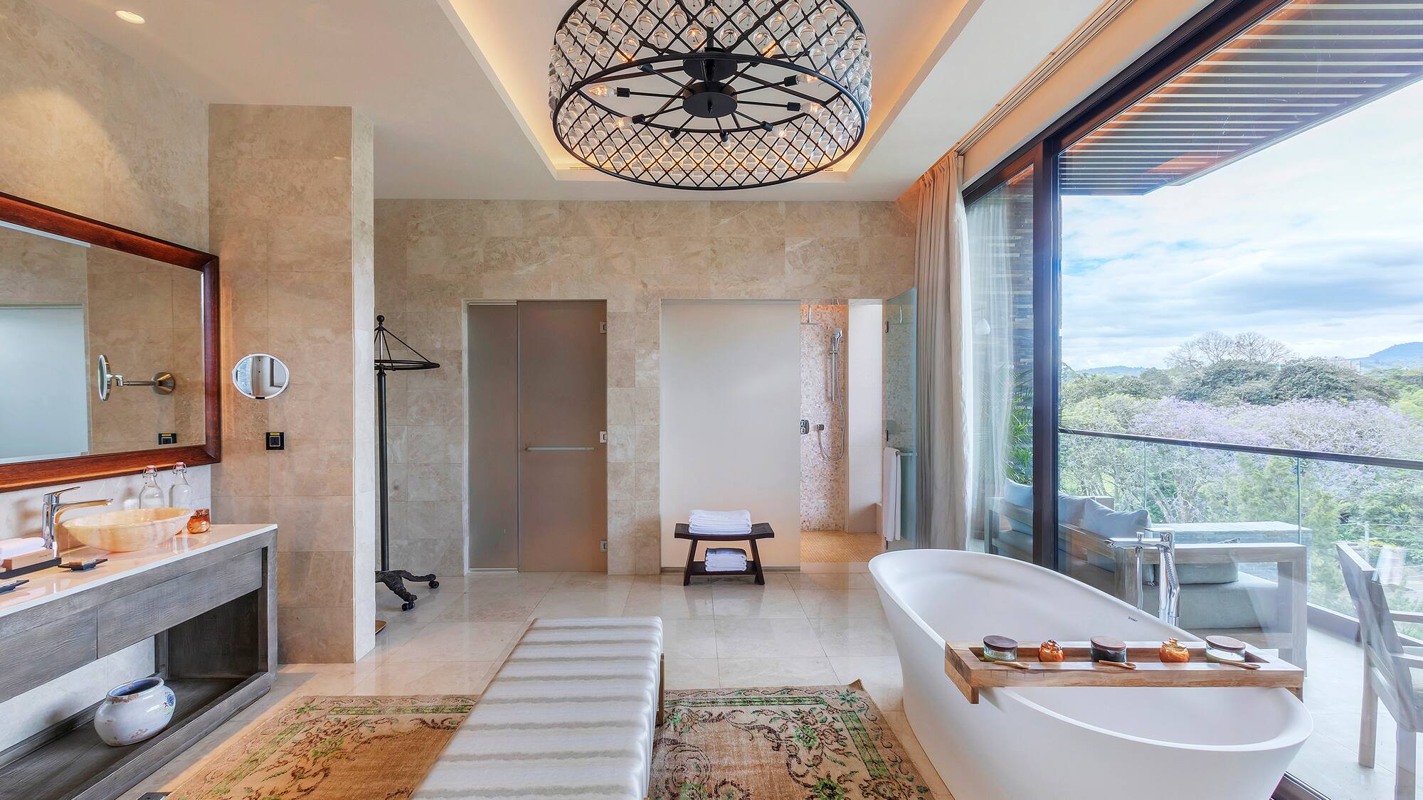 a bathroom with a tub and a fireplace