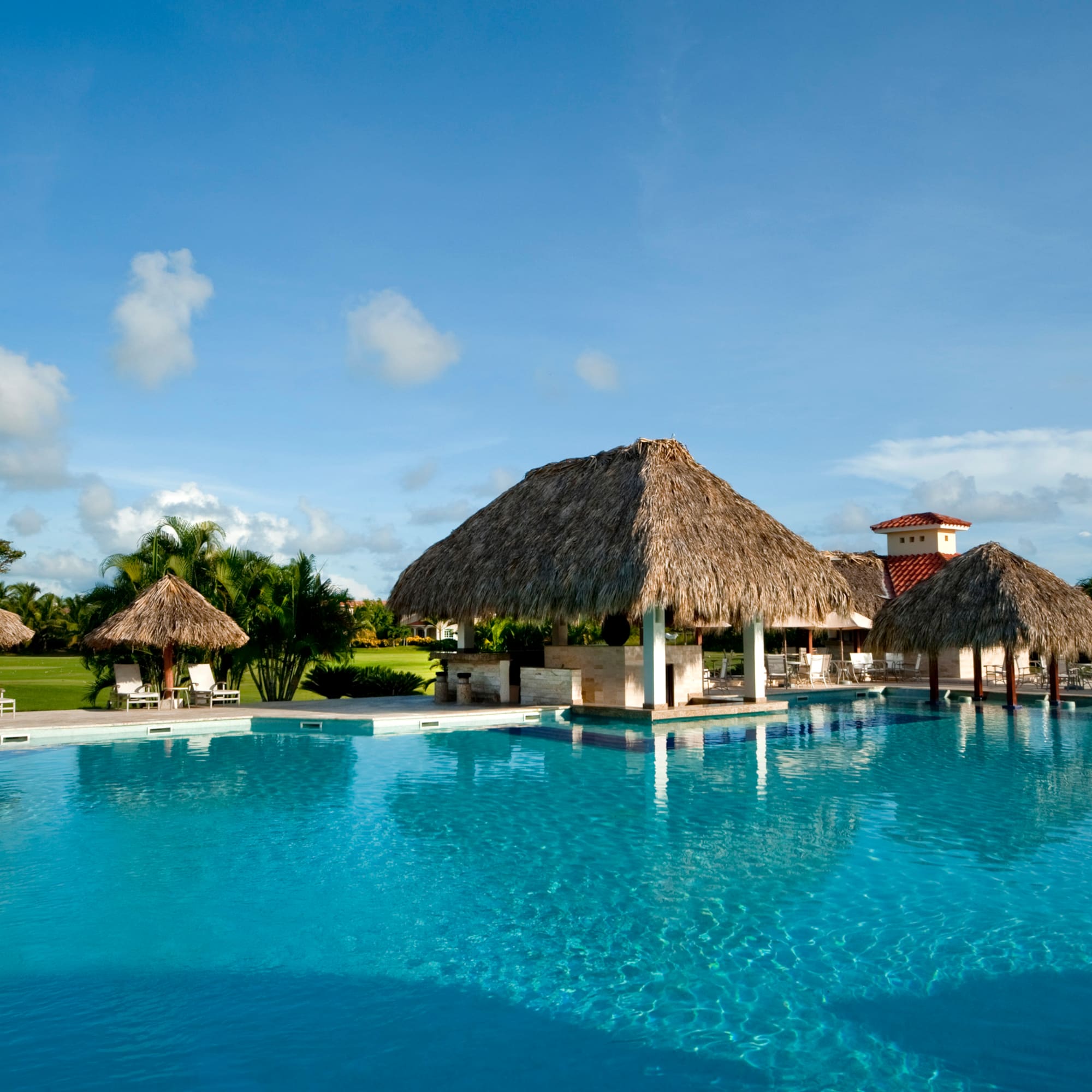a pool with a thatched roof and a gazebo