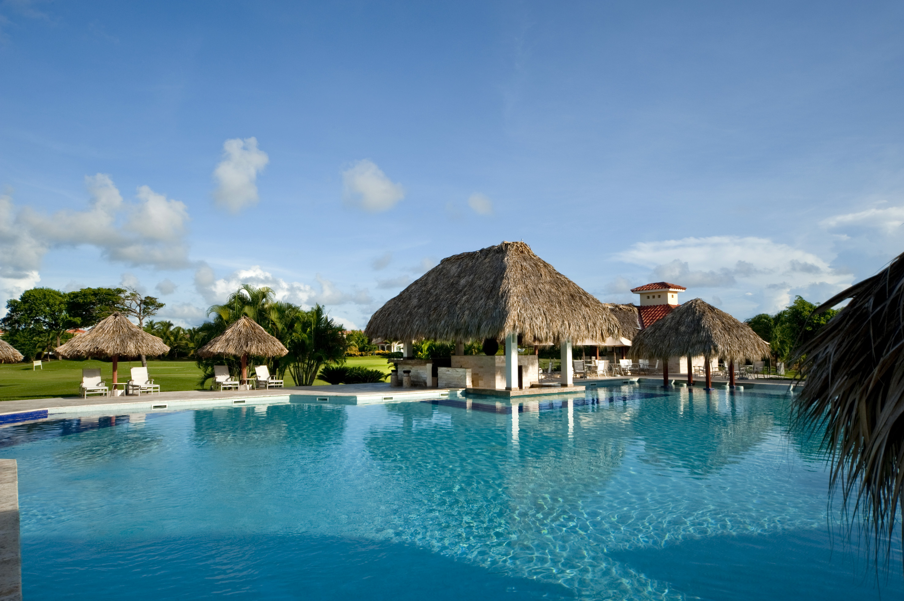 a pool with a thatched roof and a gazebo