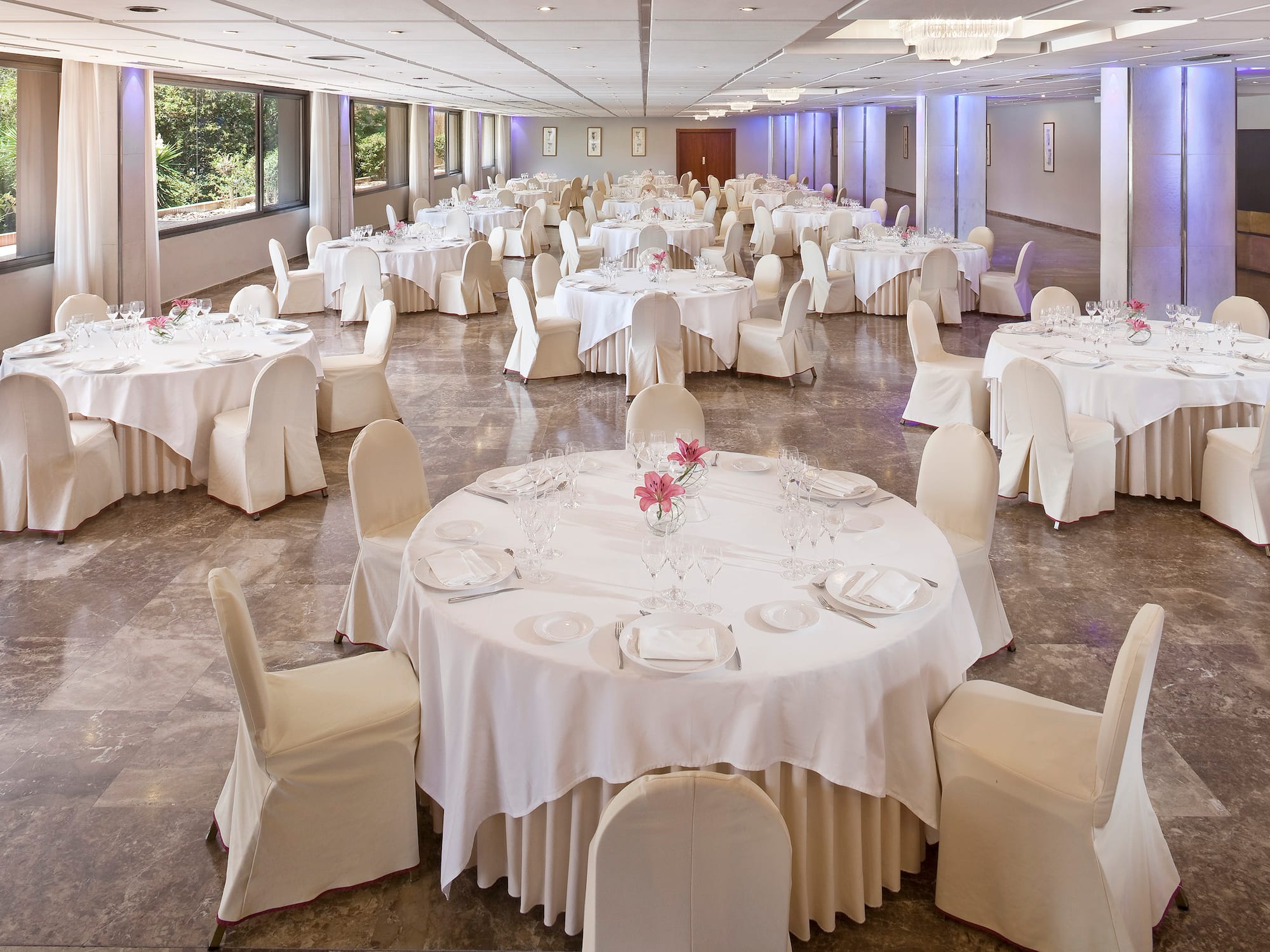 a room with tables and chairs