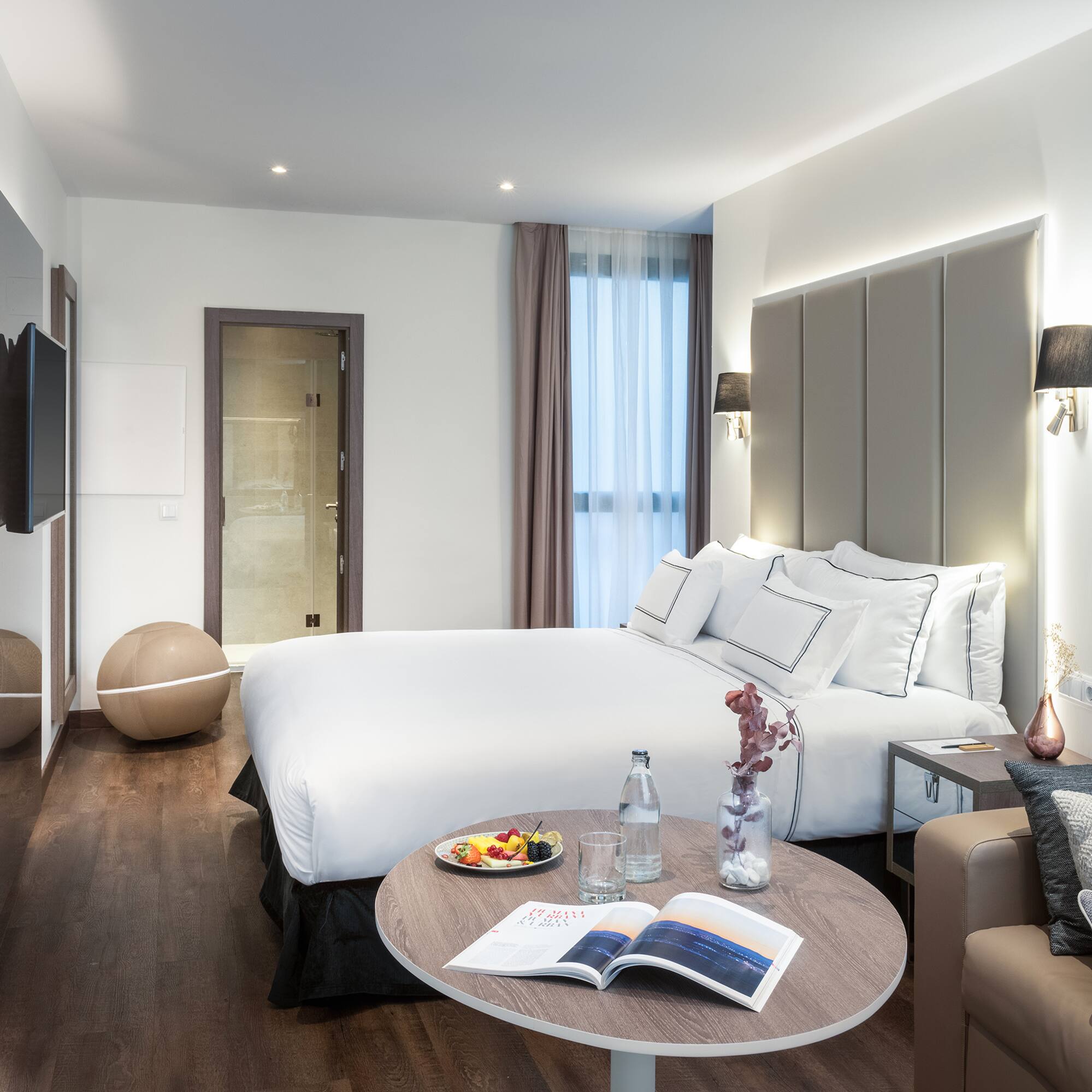 a room with a bed and a table