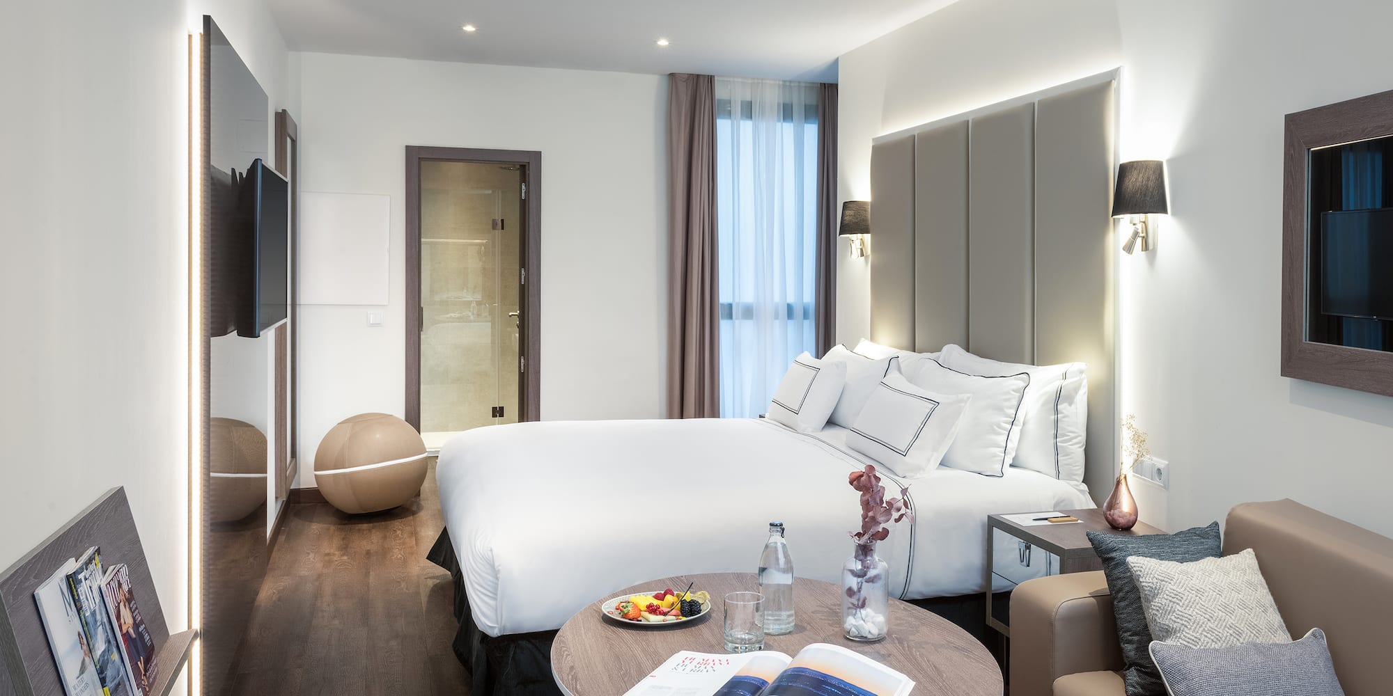 a room with a bed and a table