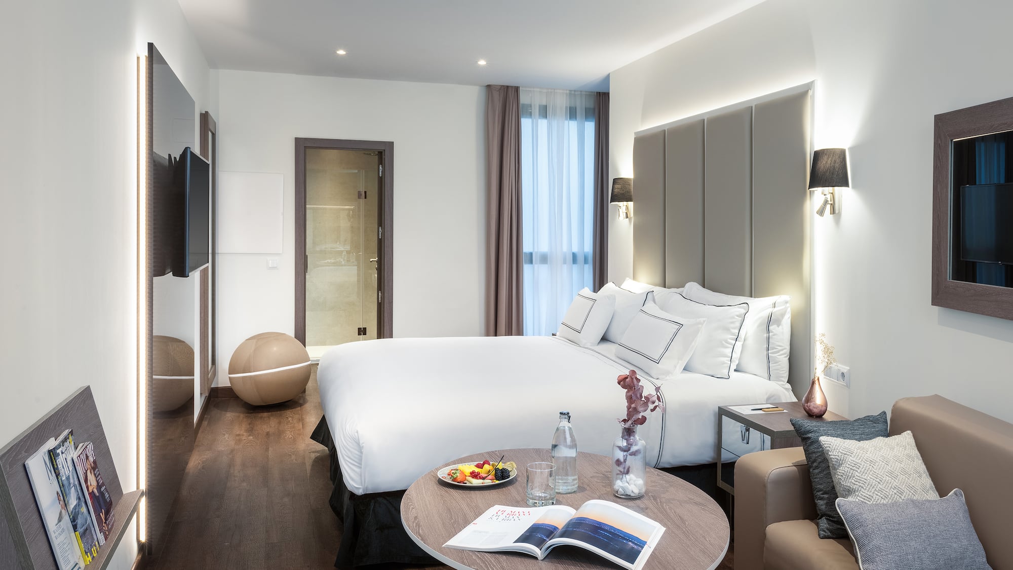 a room with a bed and a table