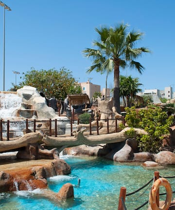 a water park with a waterfall and palm trees