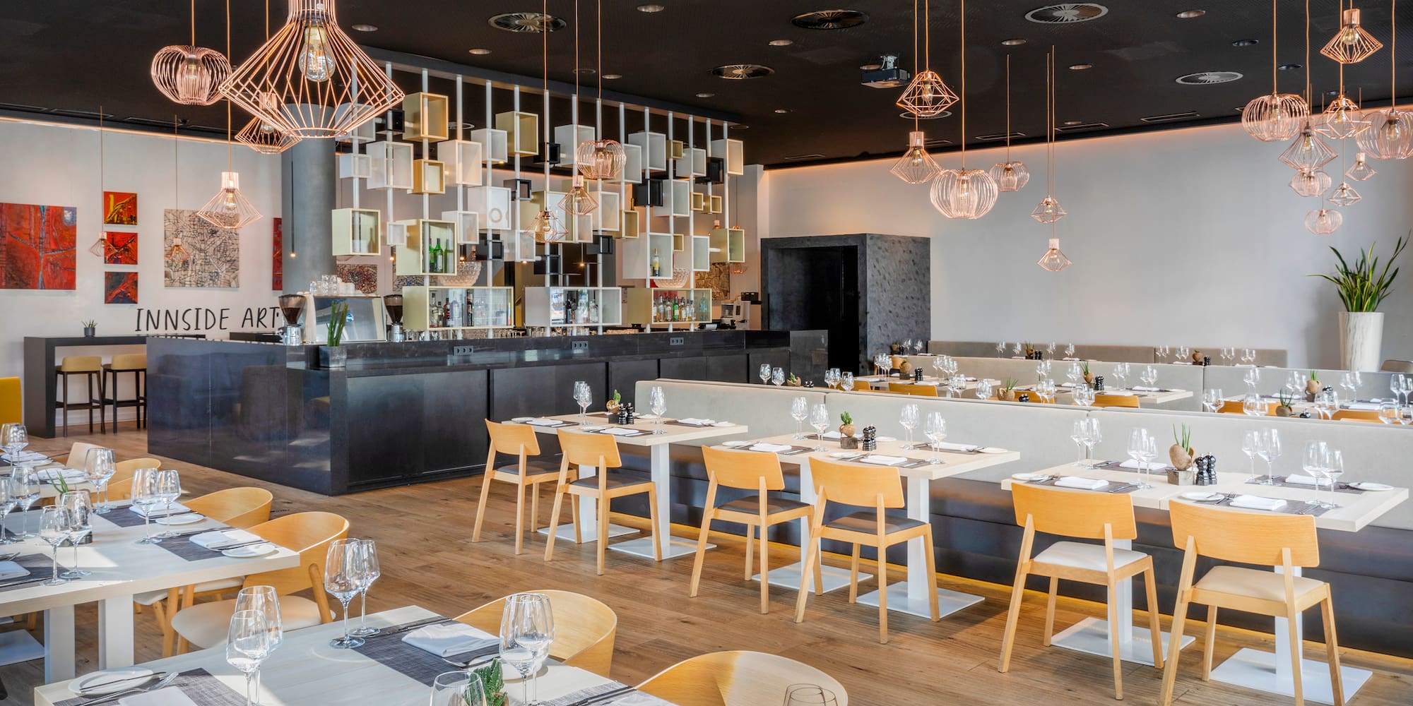 a room with tables and chairs