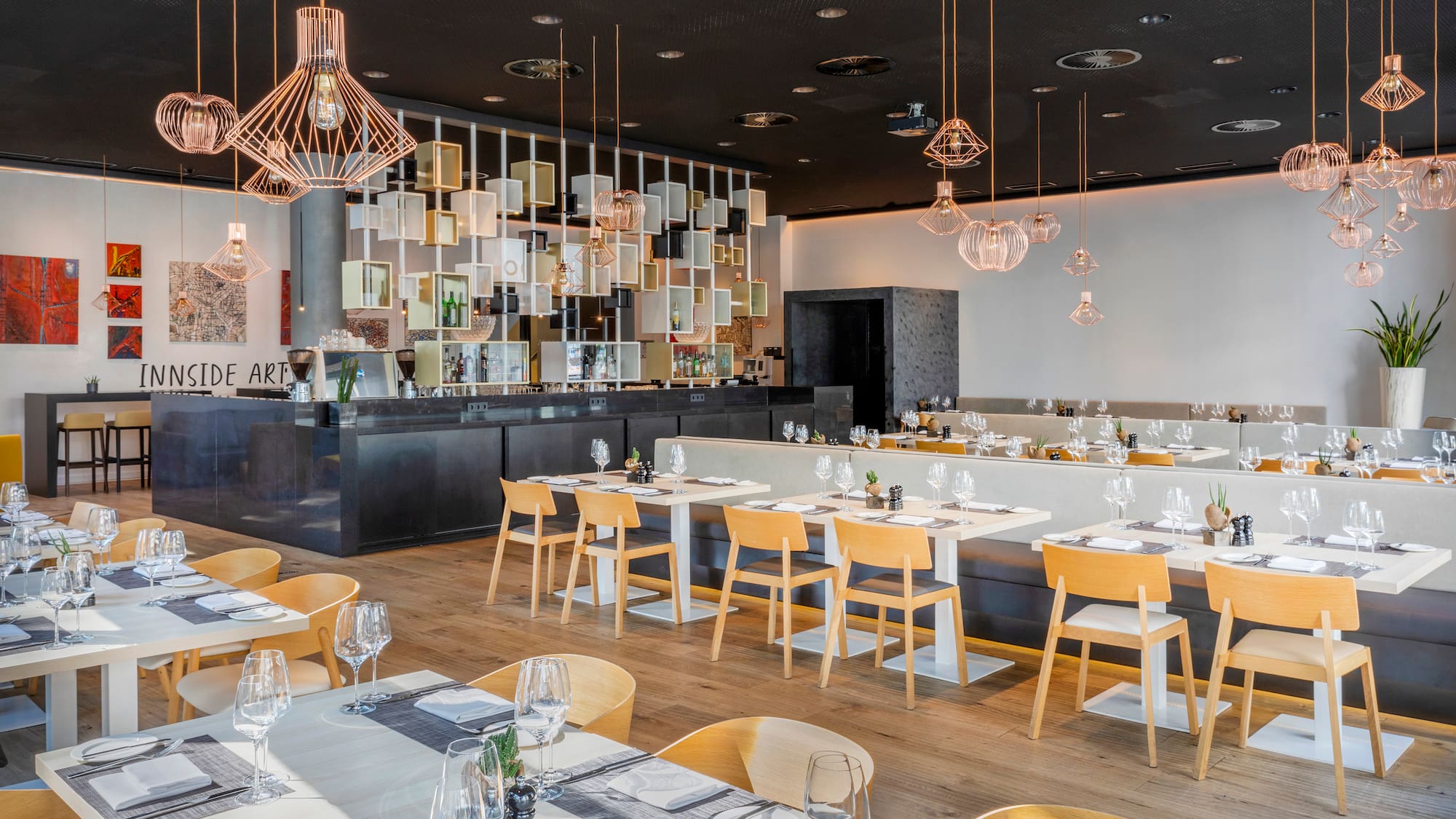 a room with tables and chairs