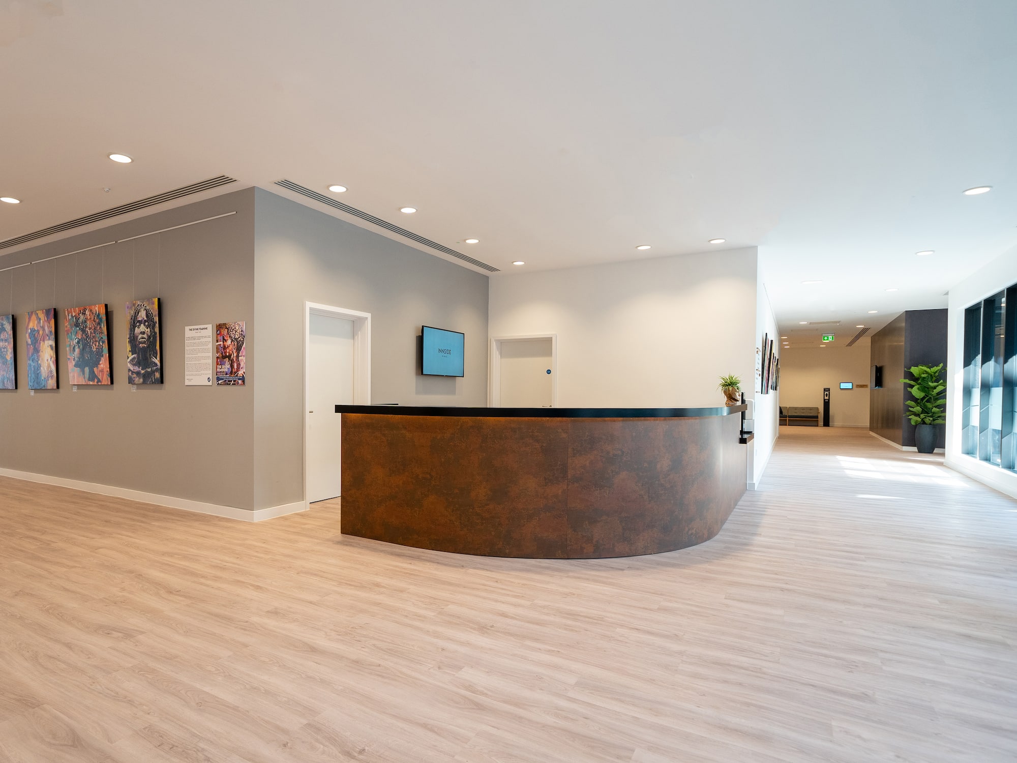 a reception desk in a building