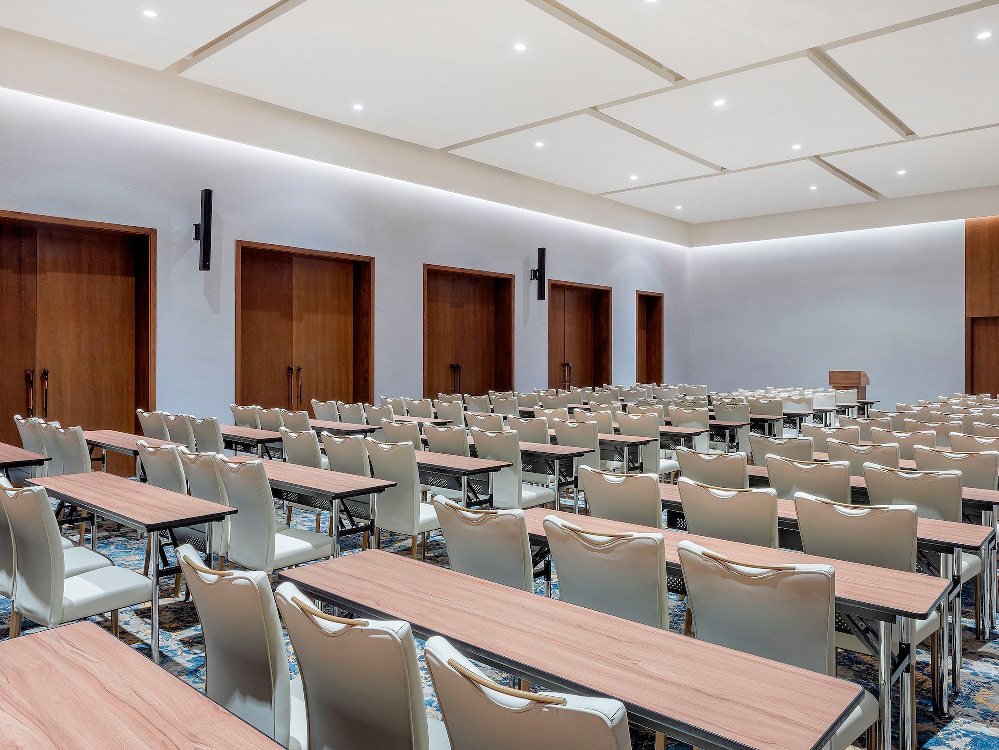 a room with tables and chairs