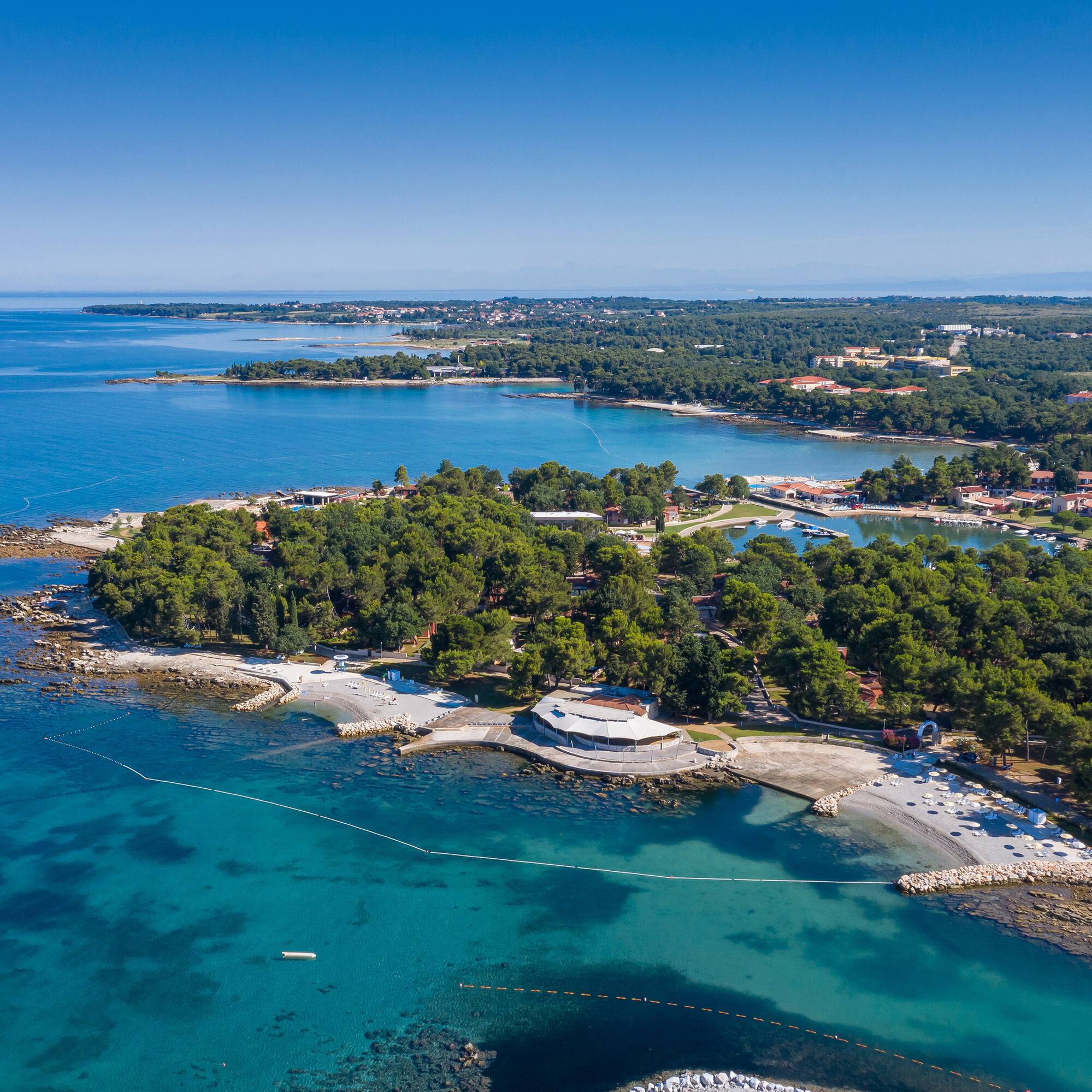 an aerial view of a small island with trees and water