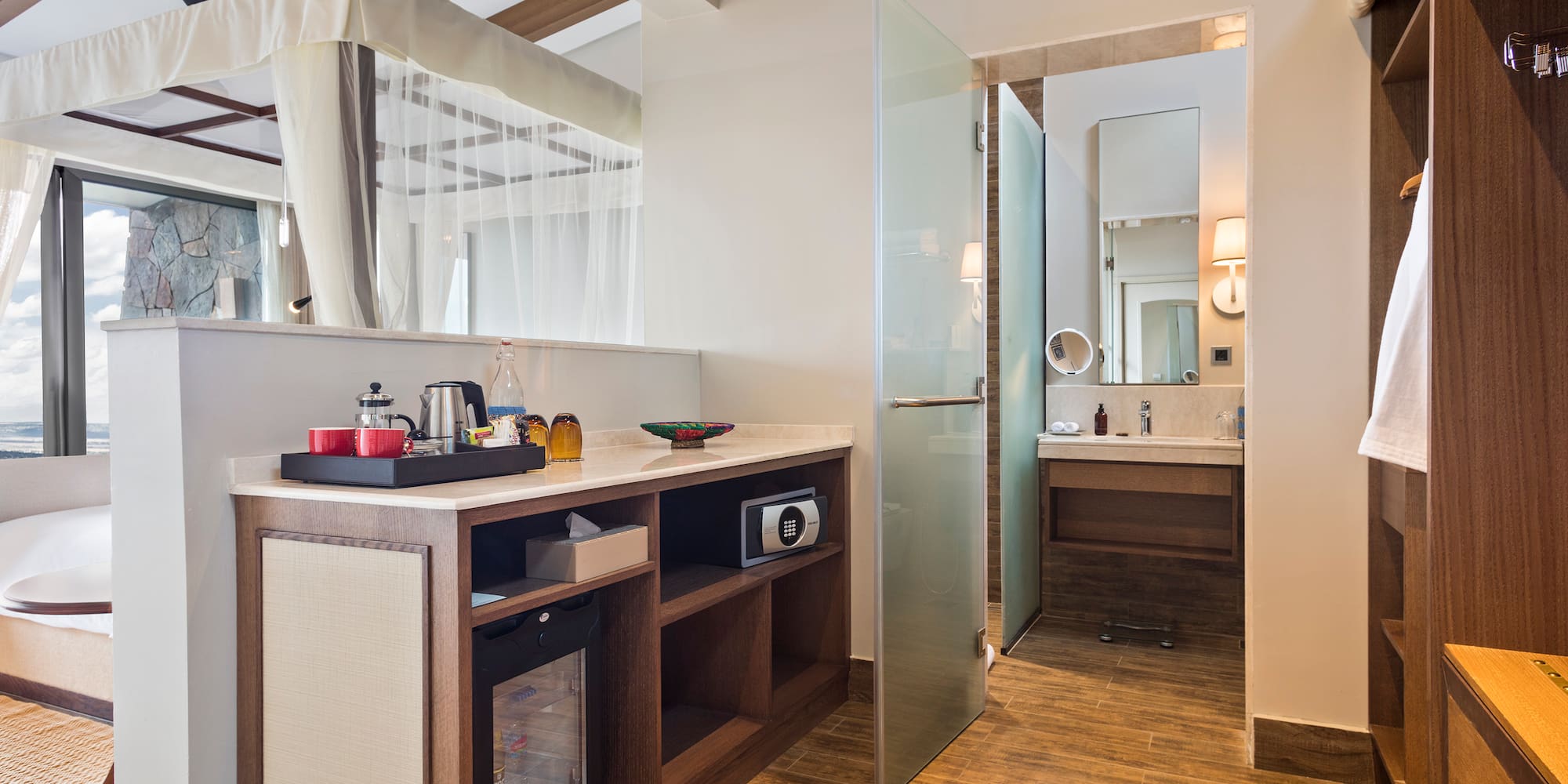 a room with a glass door