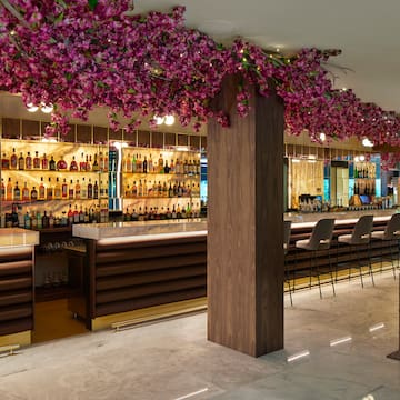 a bar with purple flowers from the ceiling
