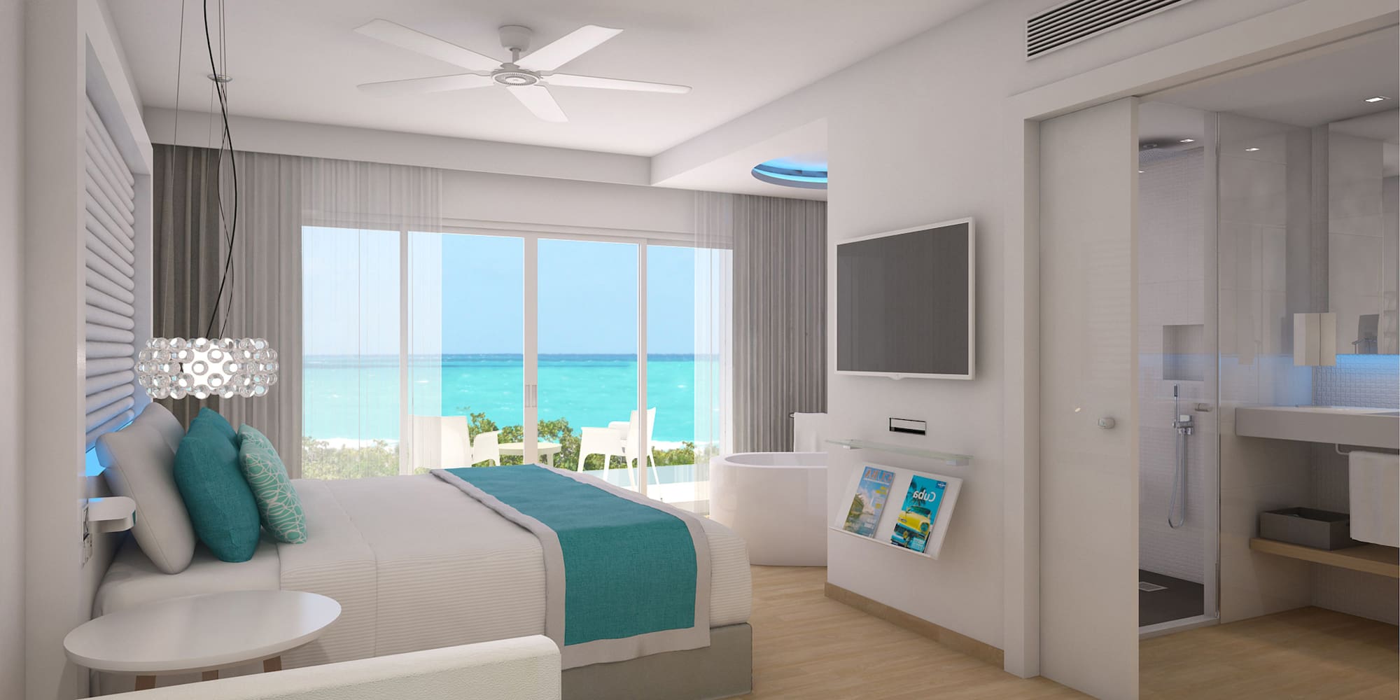 a bedroom with a television and a bathtub