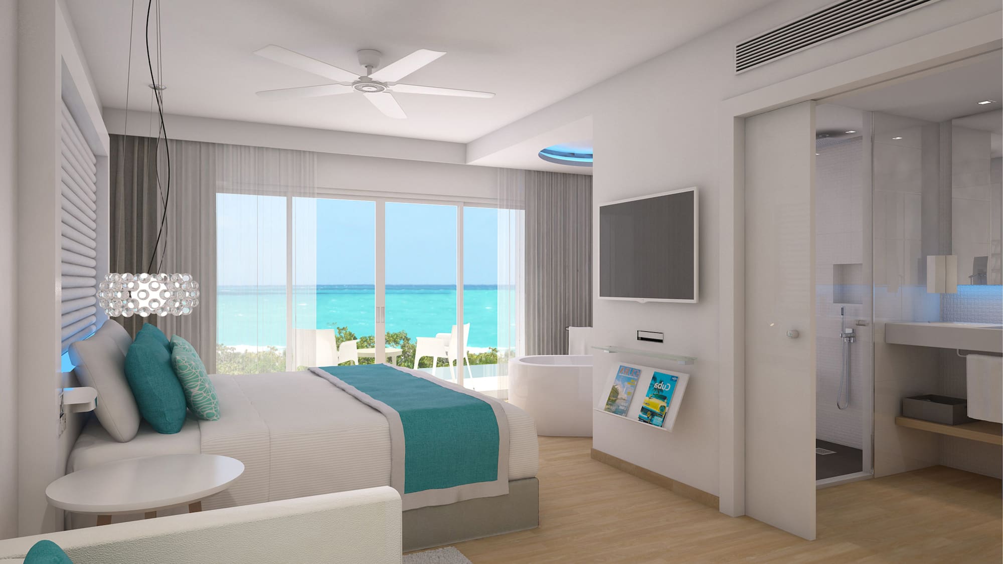 a bedroom with a television and a bathtub