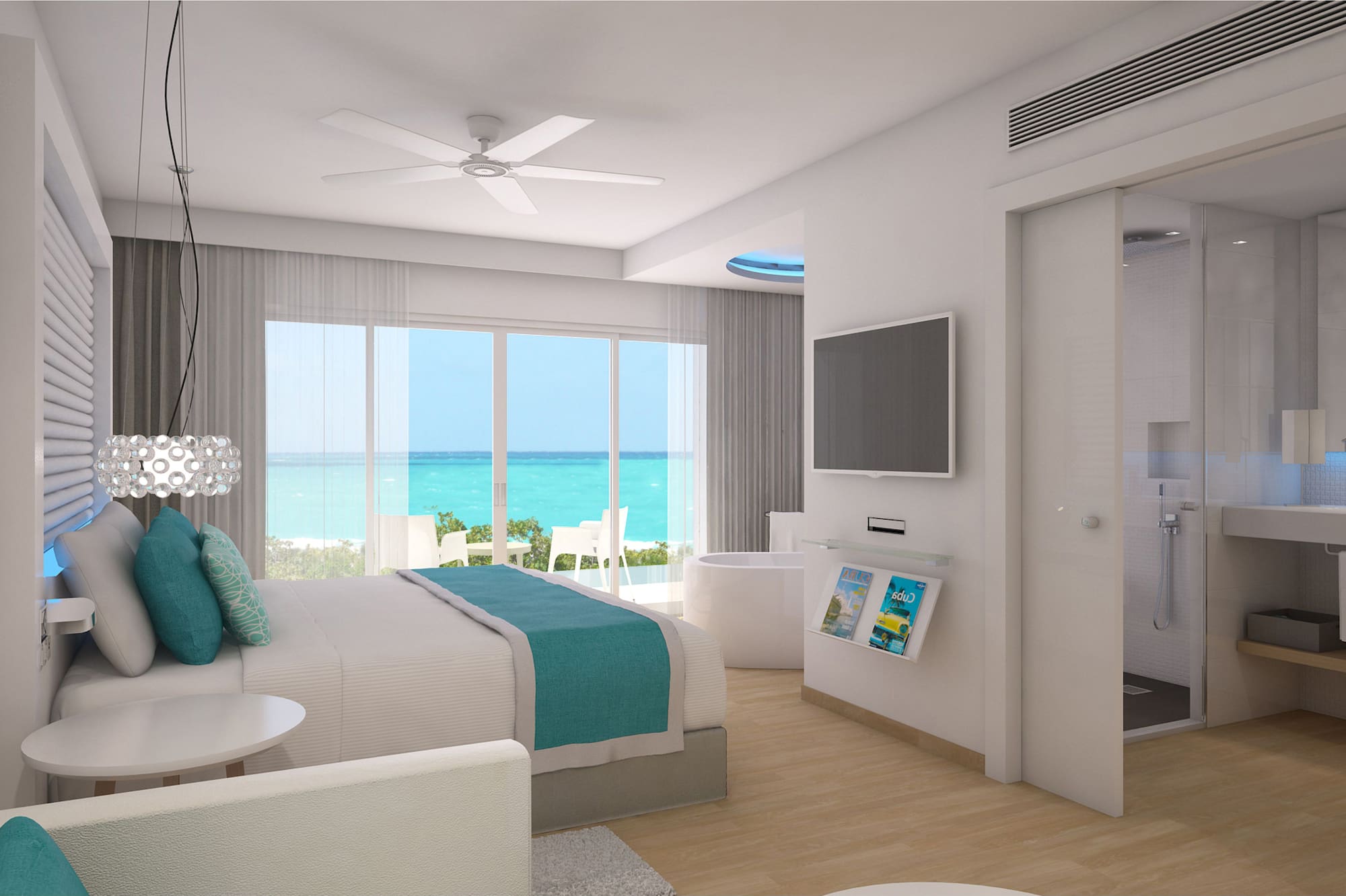 a bedroom with a television and a bathtub