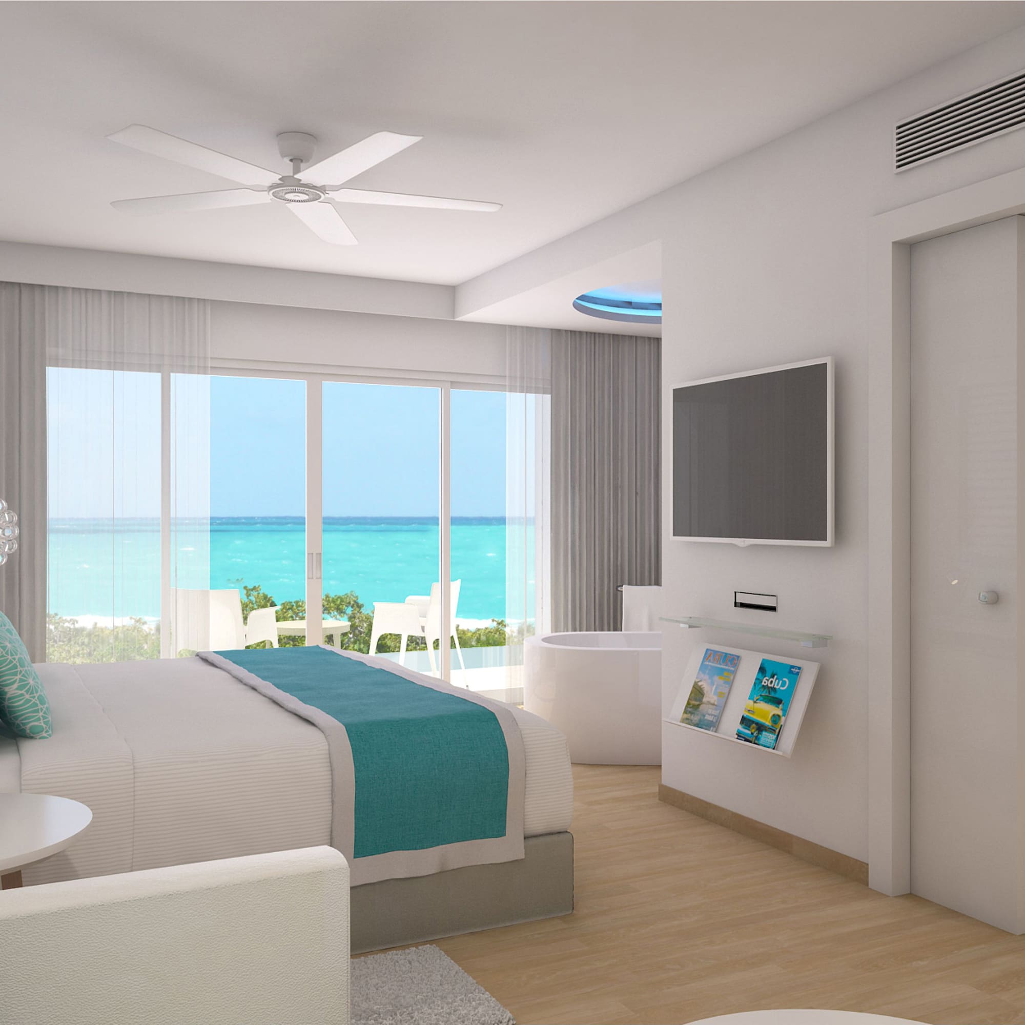 a bedroom with a television and a bathtub