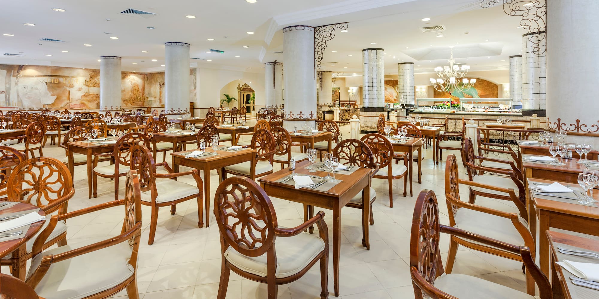 a room with tables and chairs