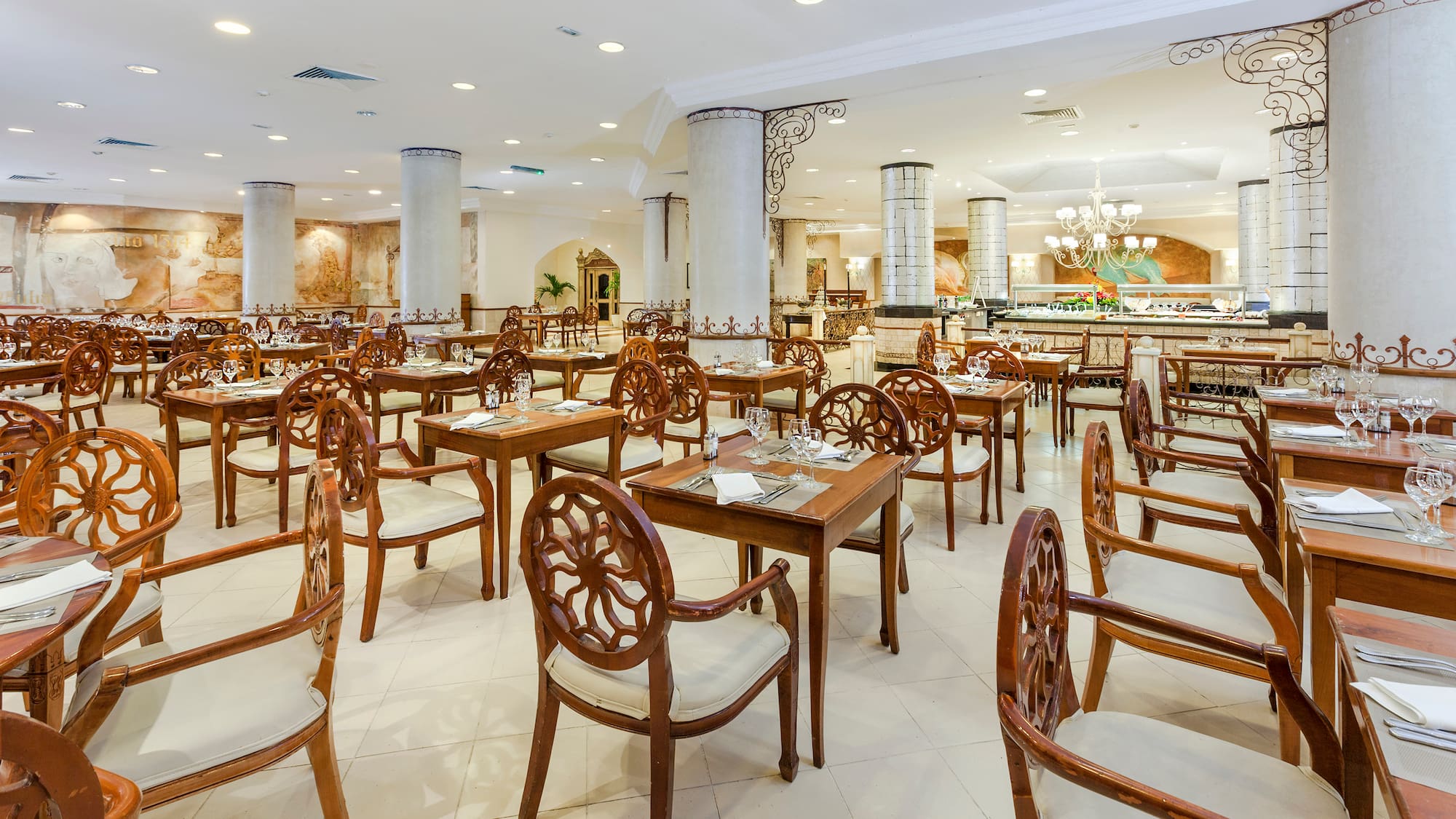 a room with tables and chairs