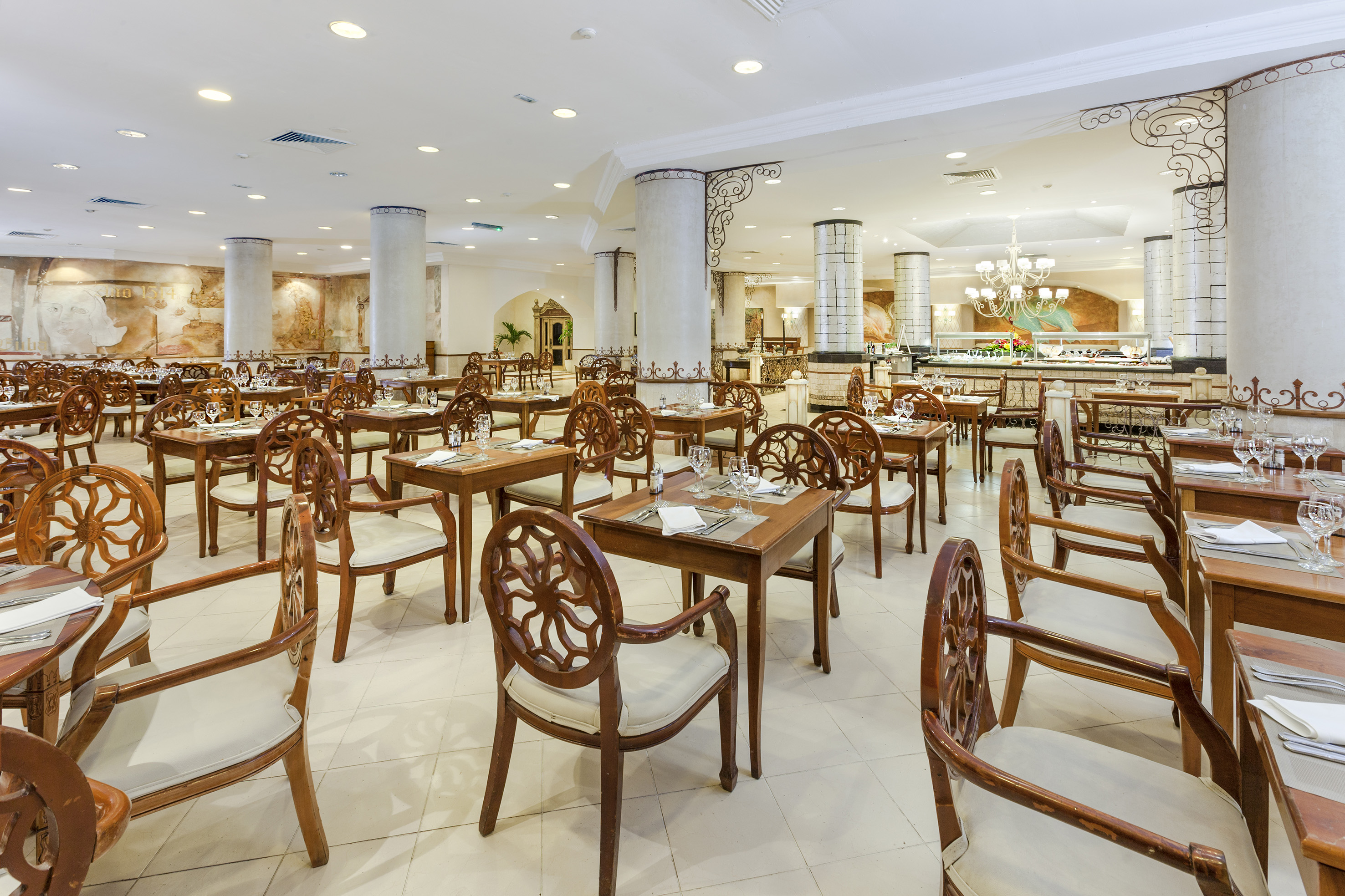 a room with tables and chairs