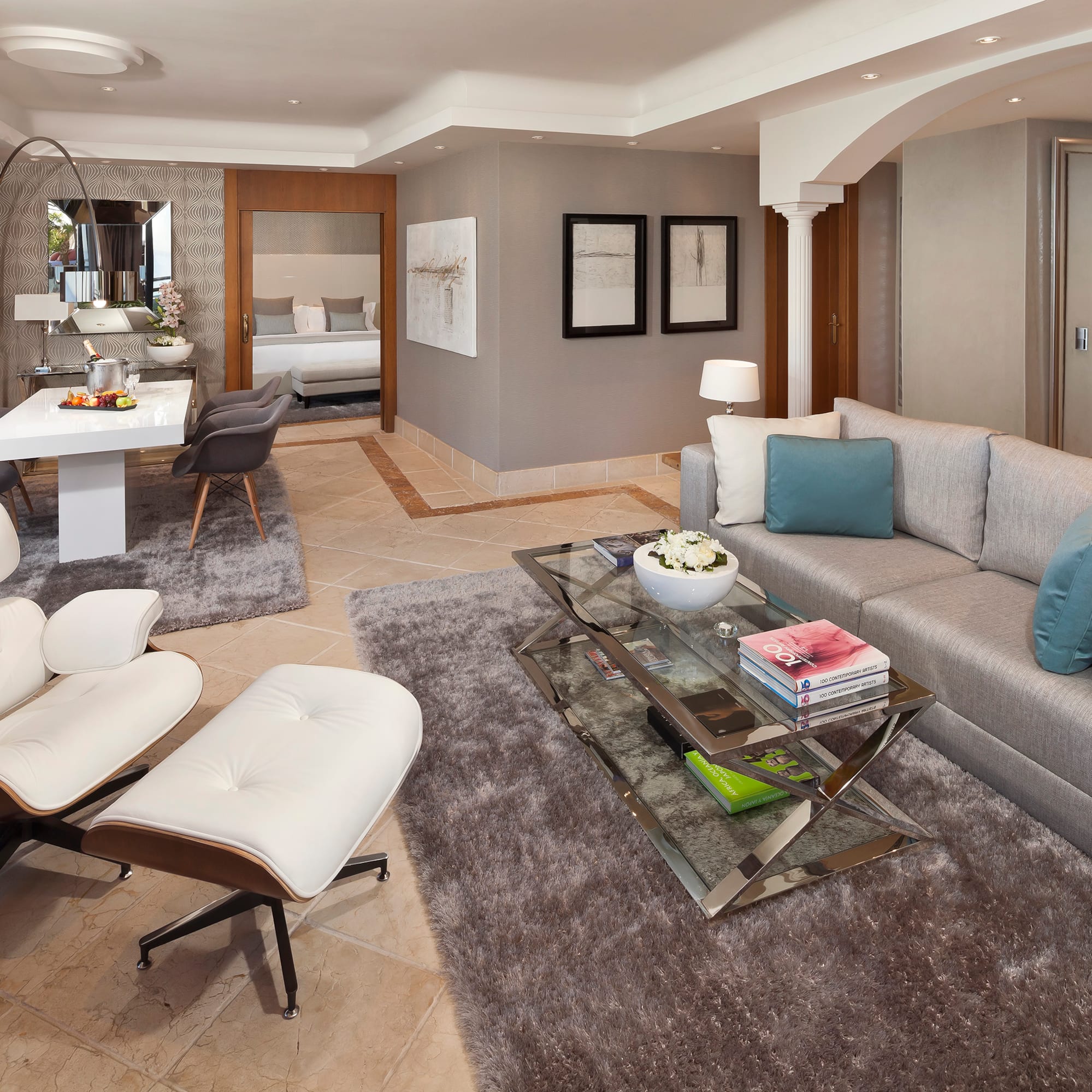 a living room with a couch and a table