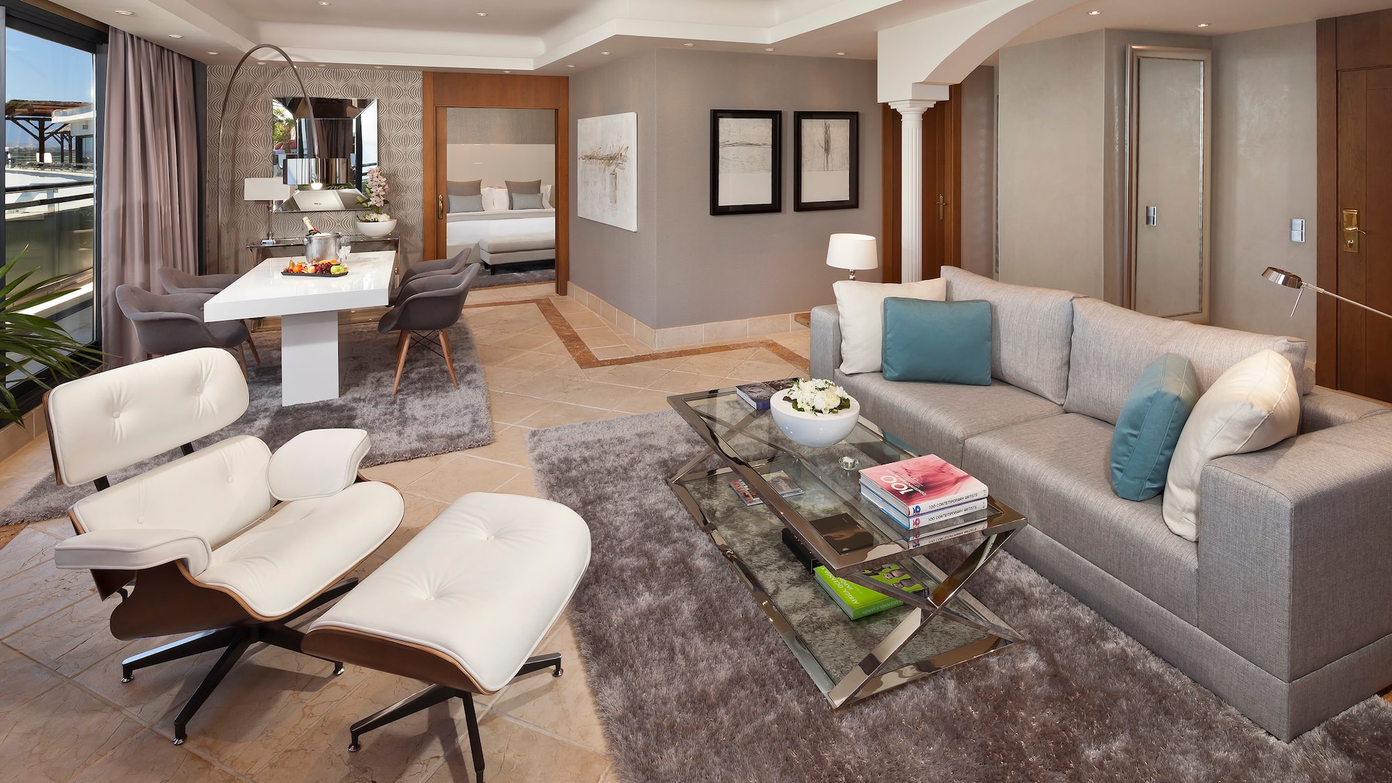 a living room with a couch and a table