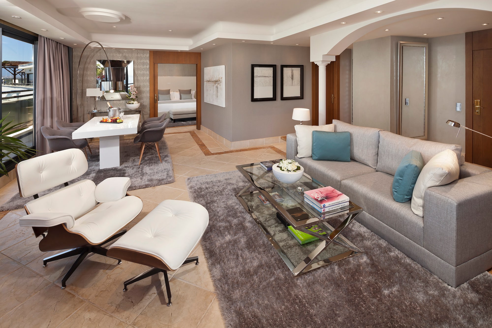 a living room with a couch and a table