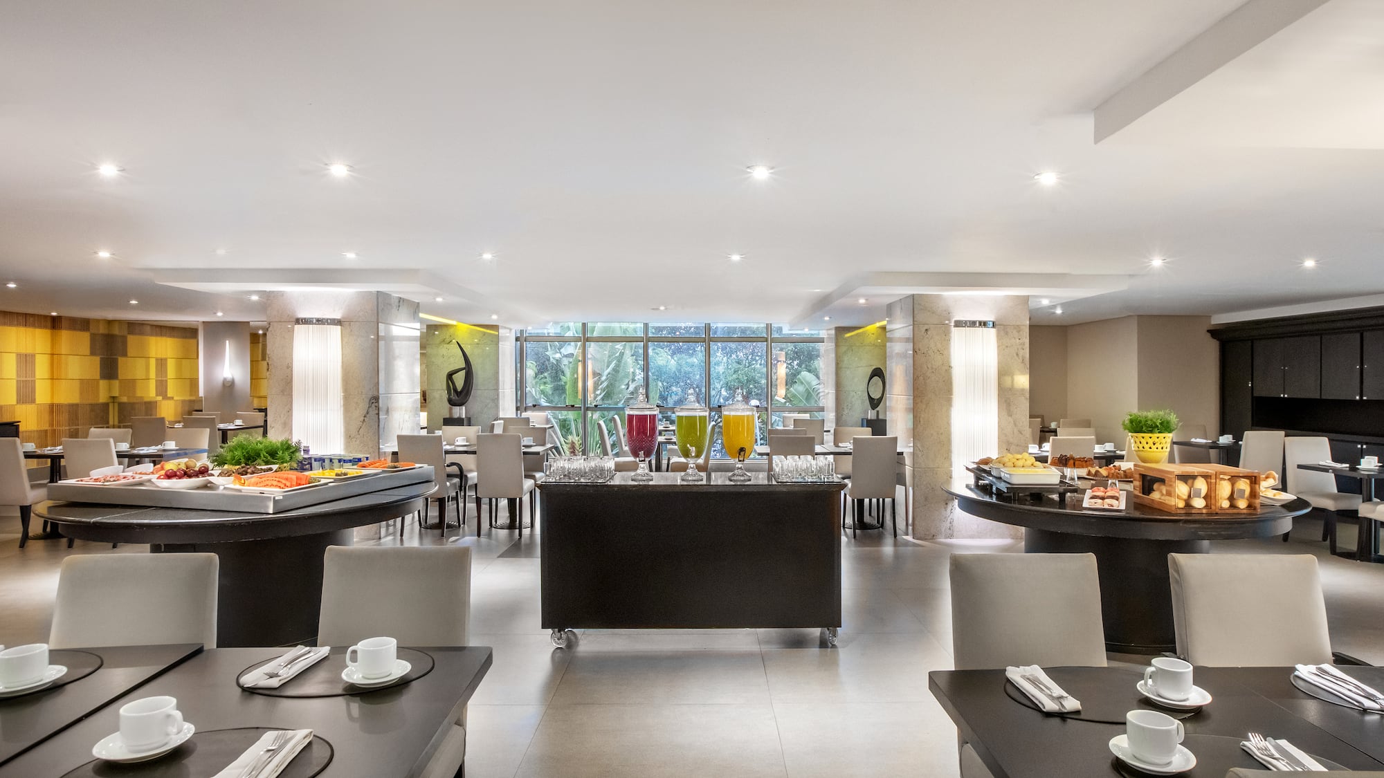 a room with tables and chairs