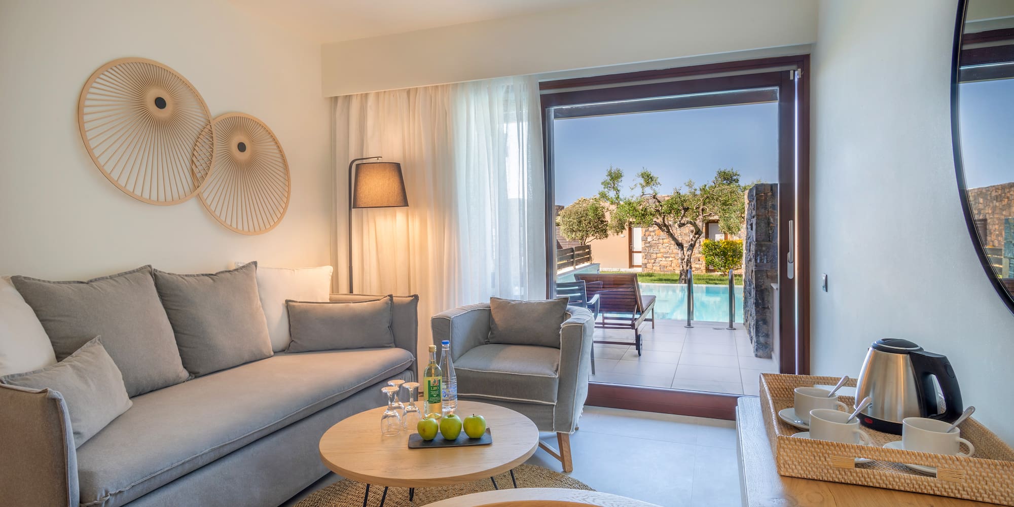 a living room with a couch and a table