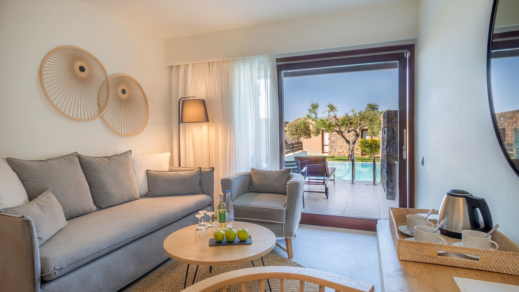 a living room with a couch and a table