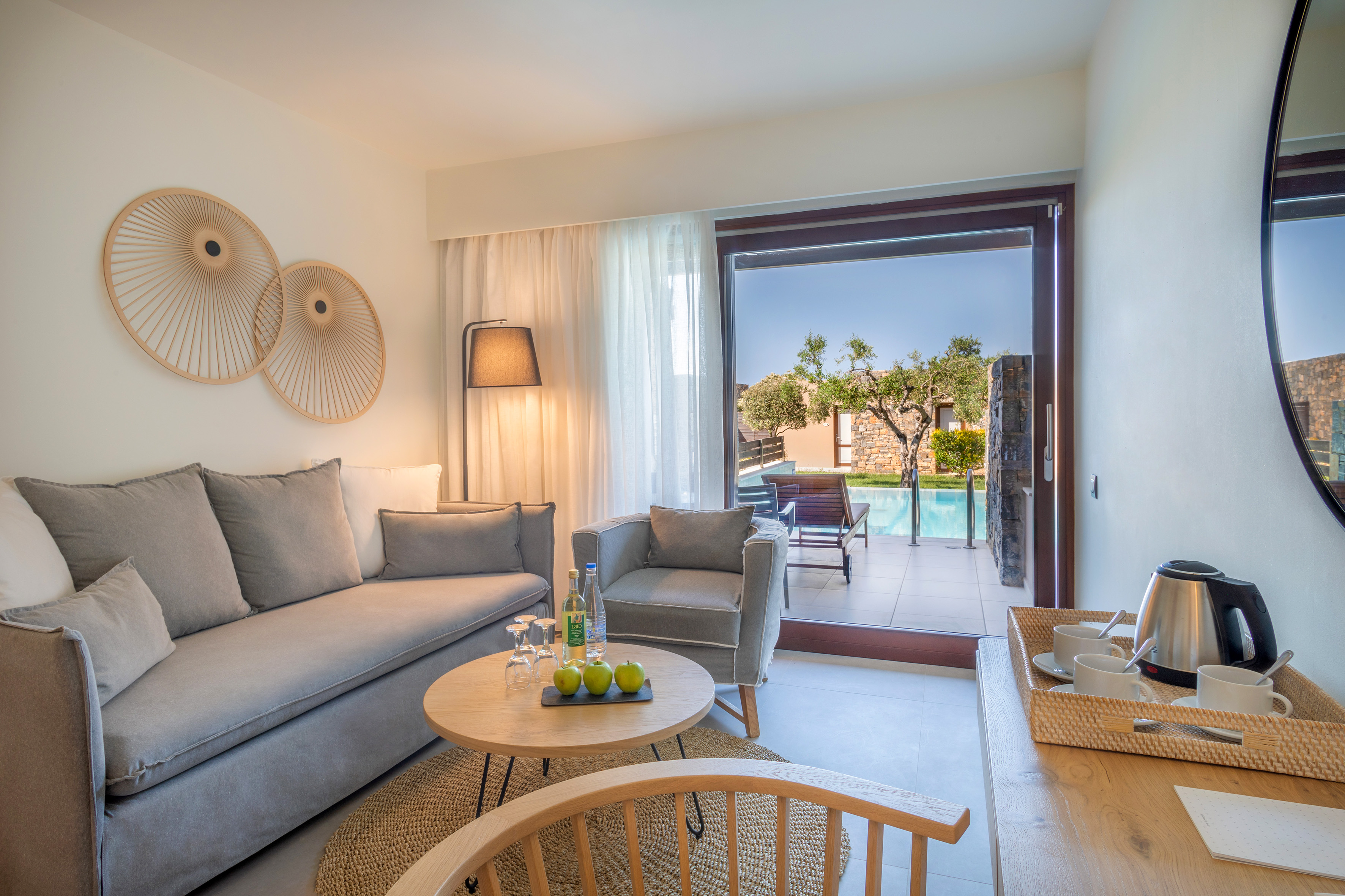 a living room with a couch and a table