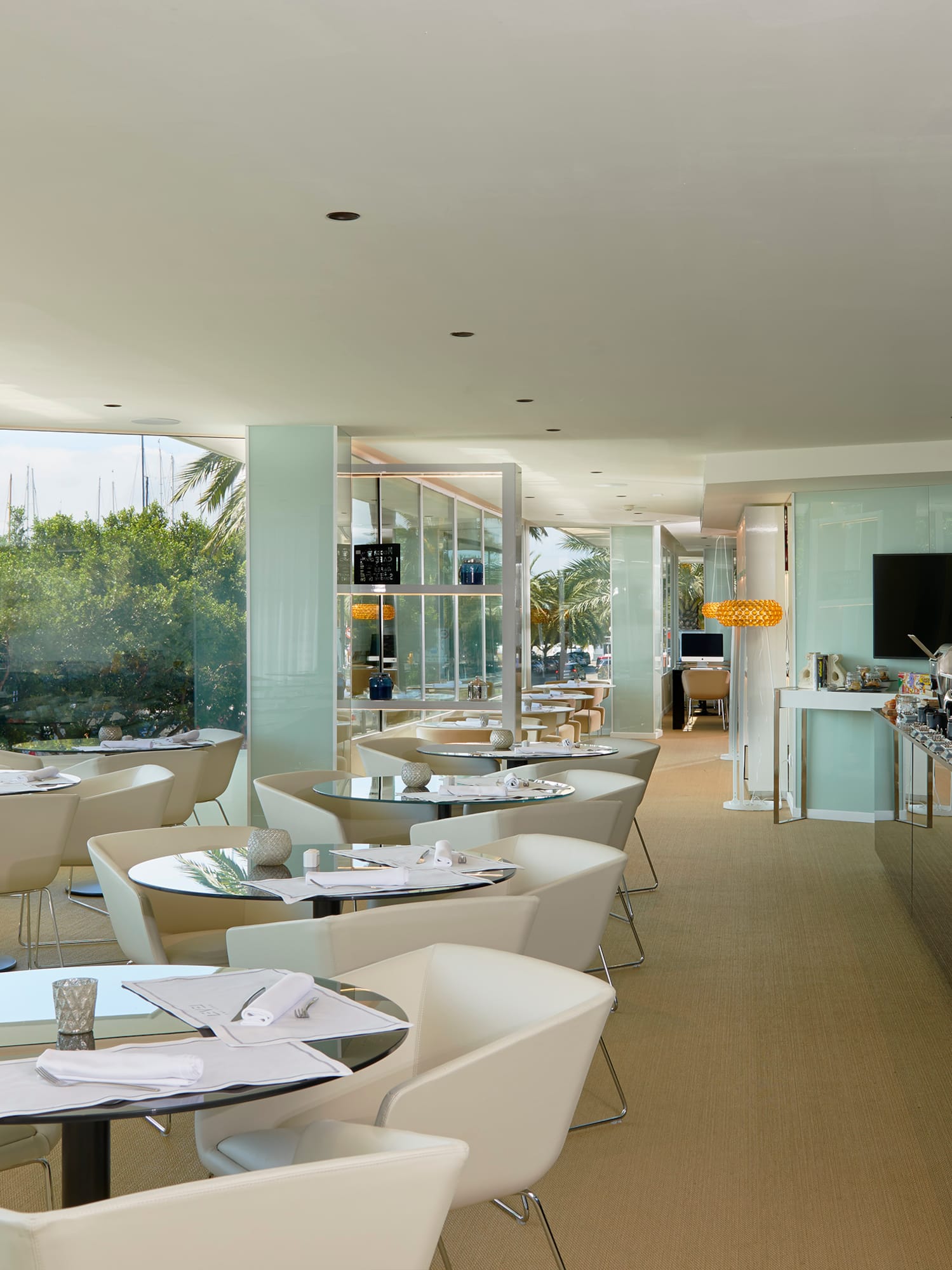 a room with tables and chairs