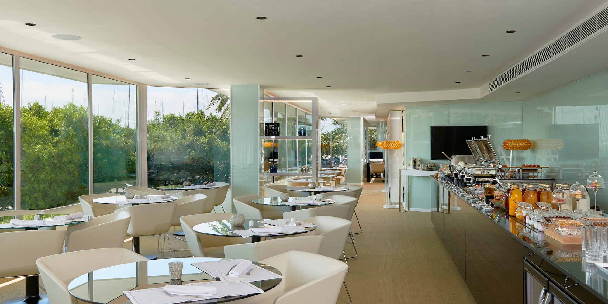 a room with tables and chairs