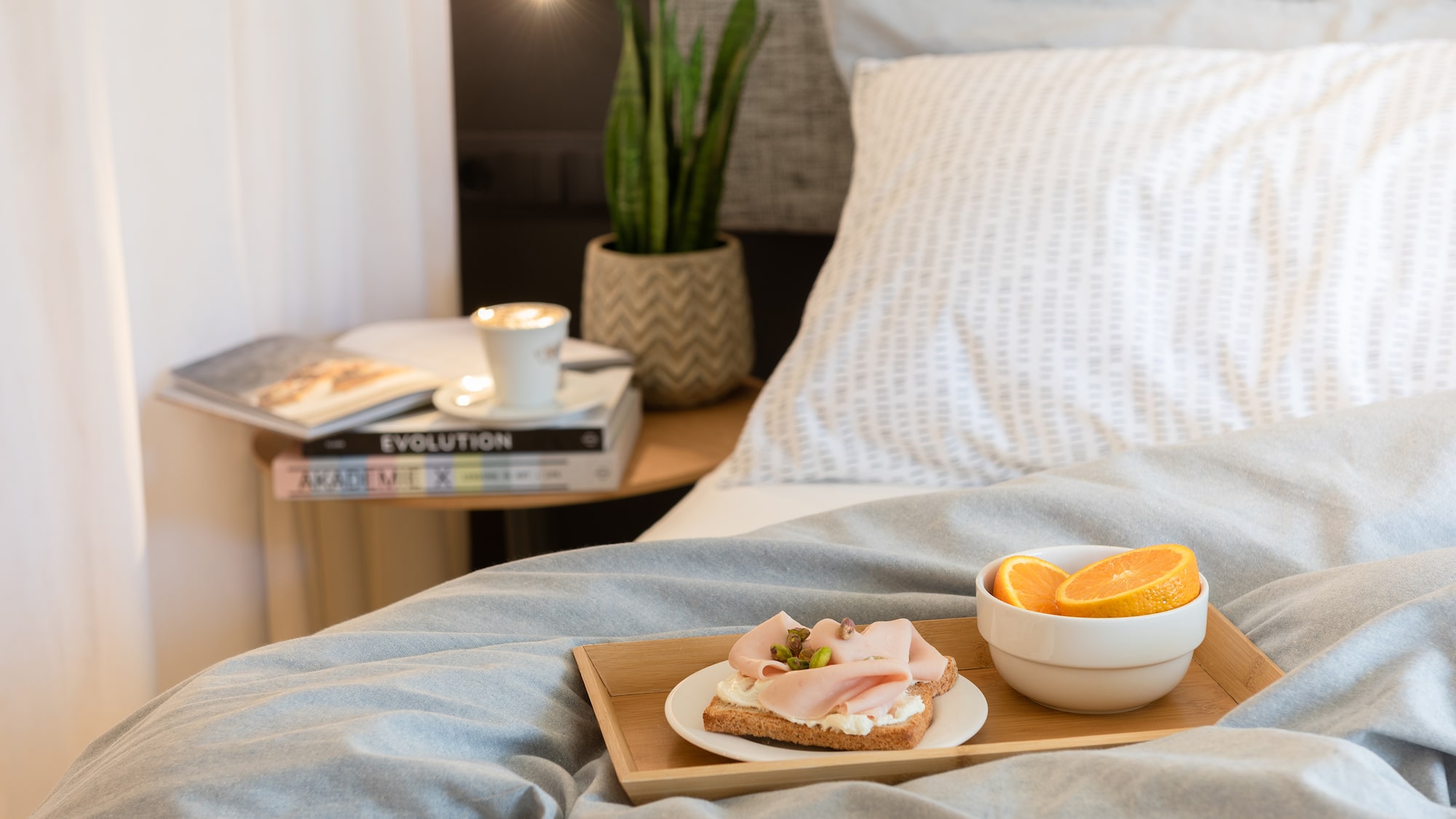 a plate of food on a tray in a bed