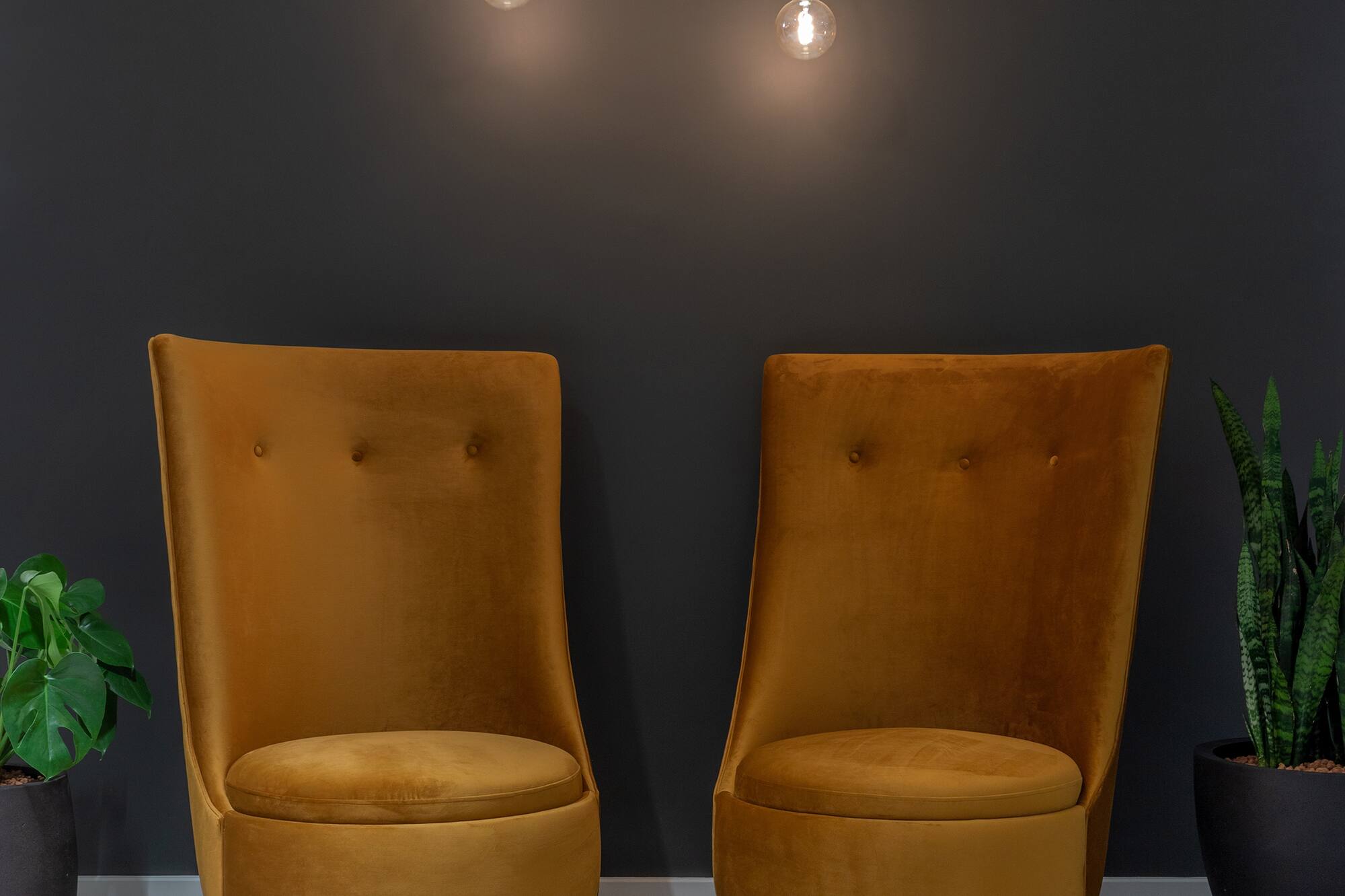 Mustard velvet armchairs, exposed bulb pendant lights, modern interior design.