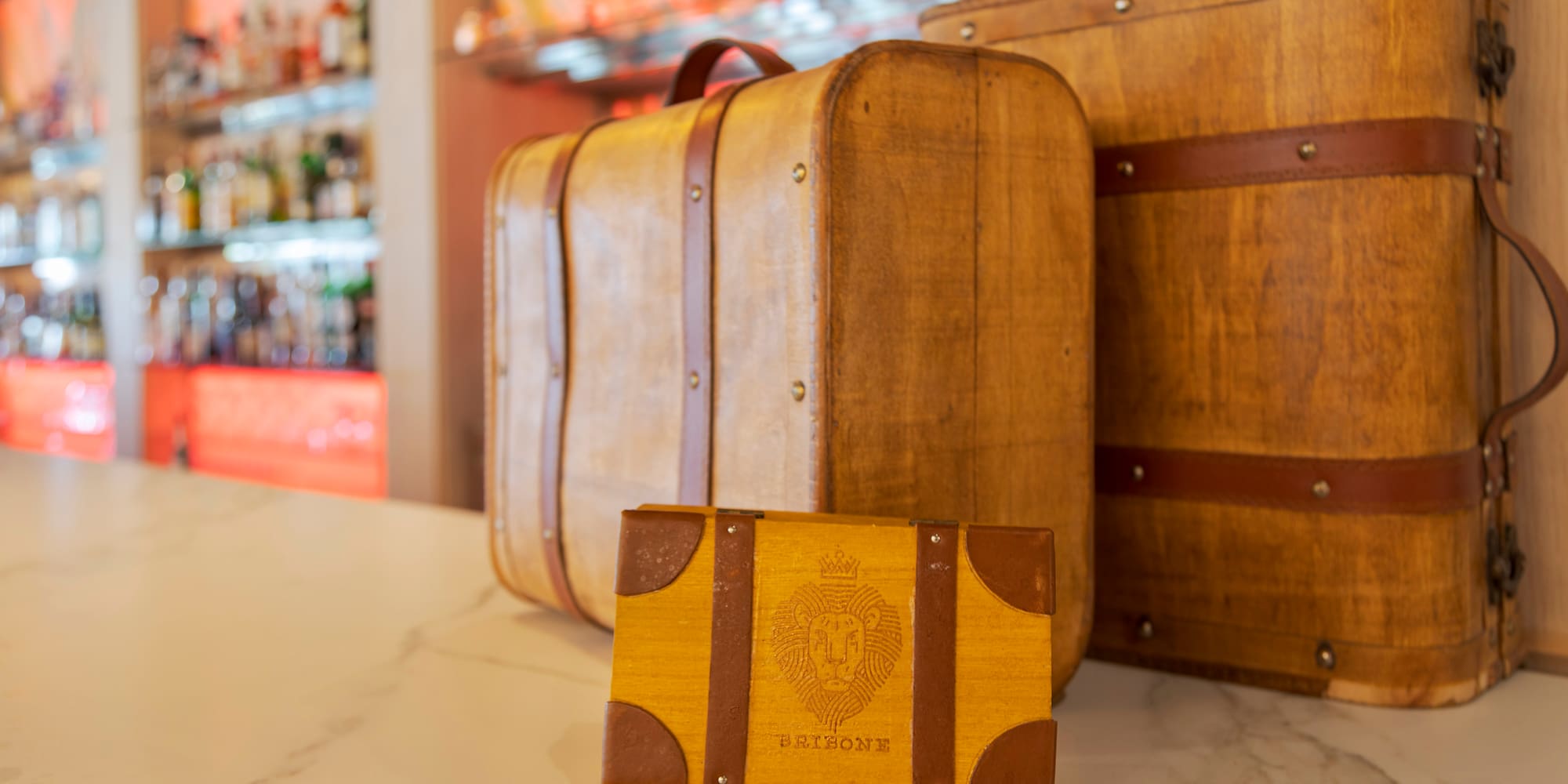 a group of luggage on a counter