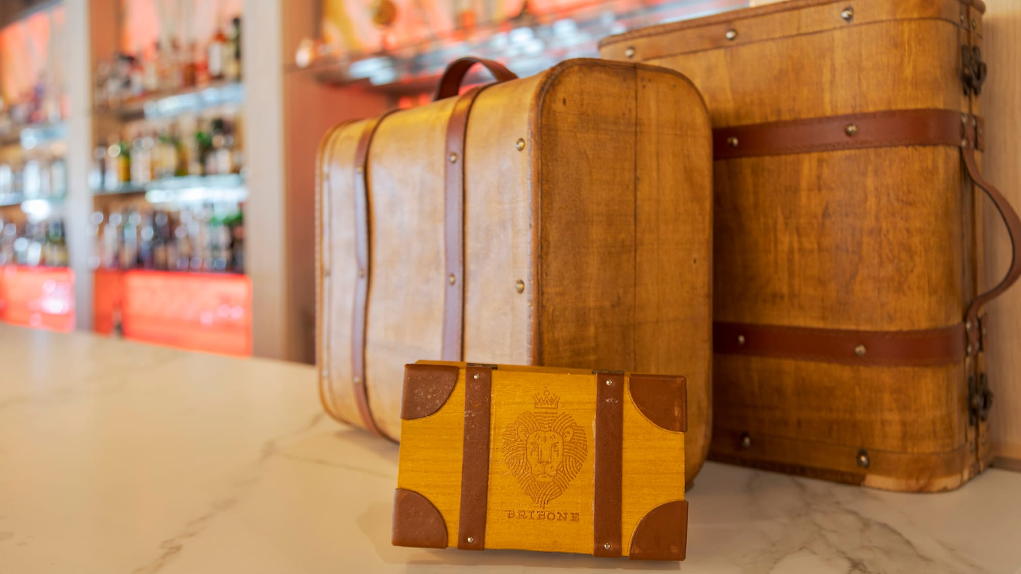a group of luggage on a counter