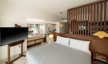 a room with a bed and a television