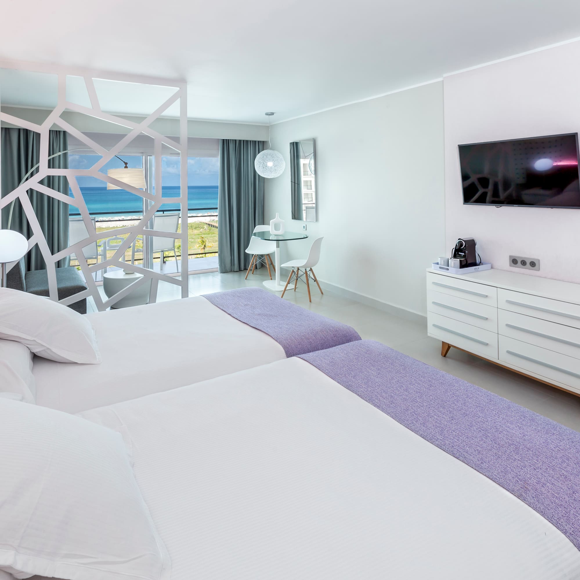 a room with two beds and a television