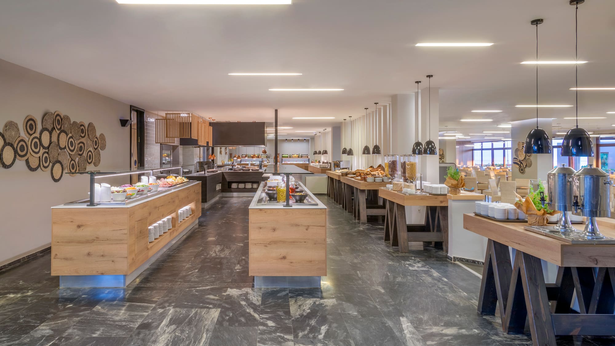 a large room with food on the counter