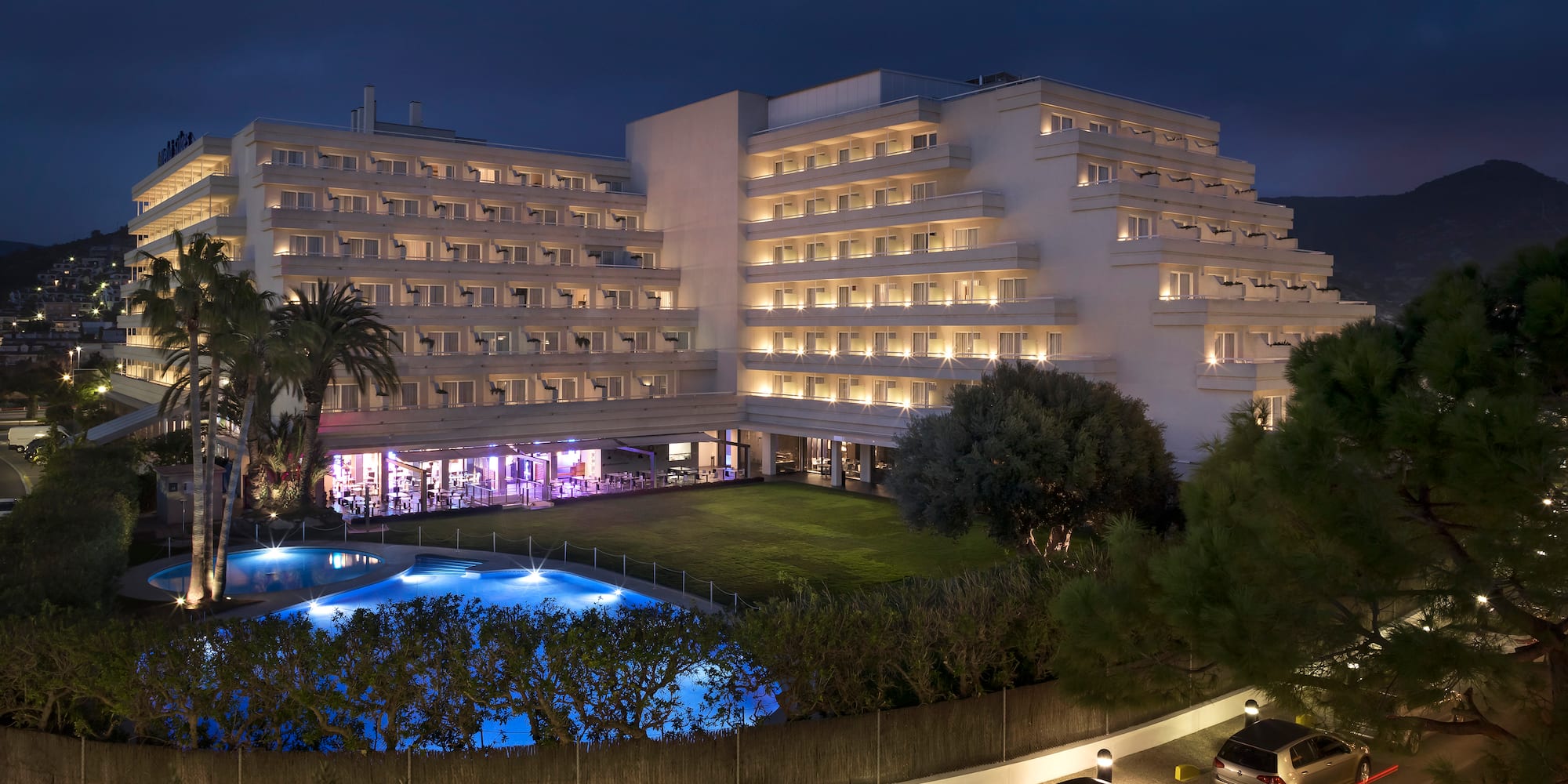 a building with lights on it