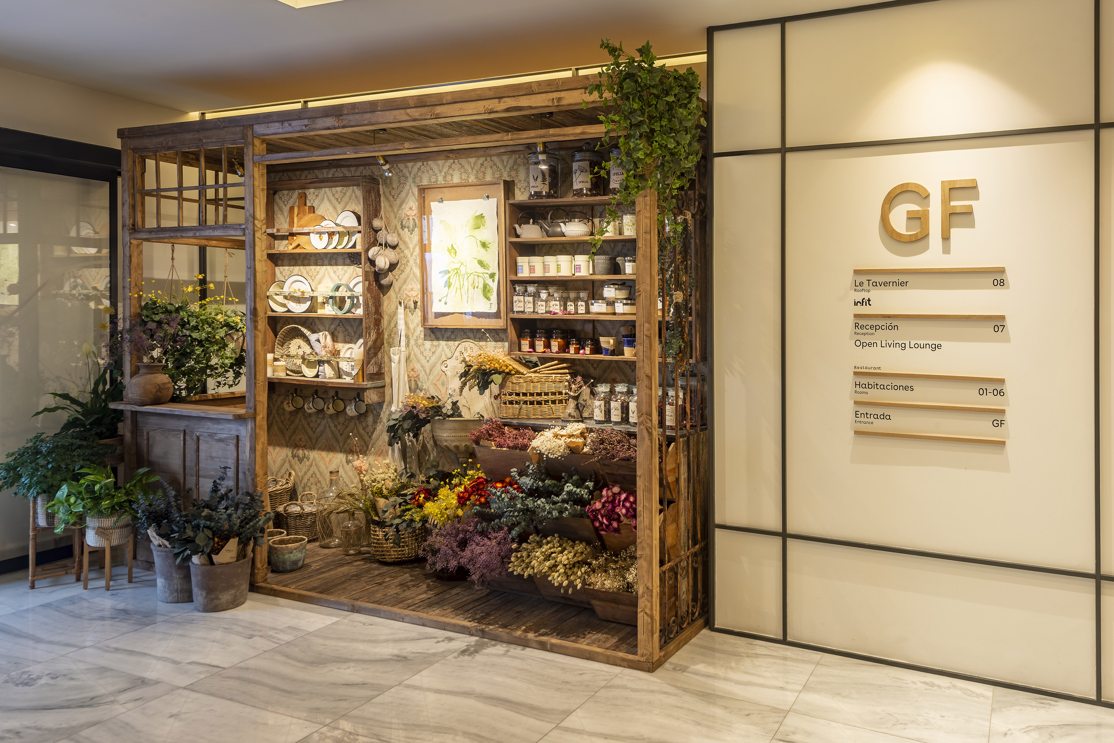 a display of flowers and plants