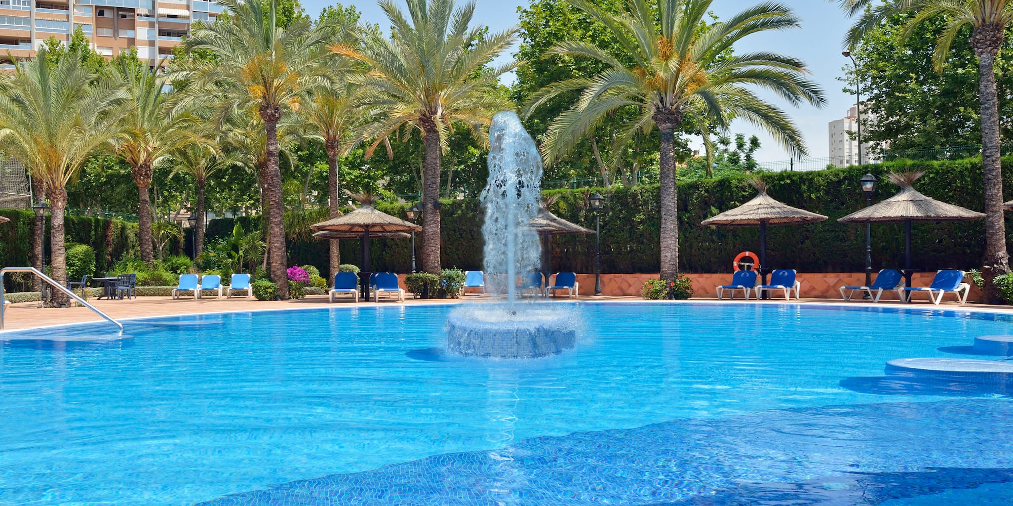 a pool with a fountain and palm trees
