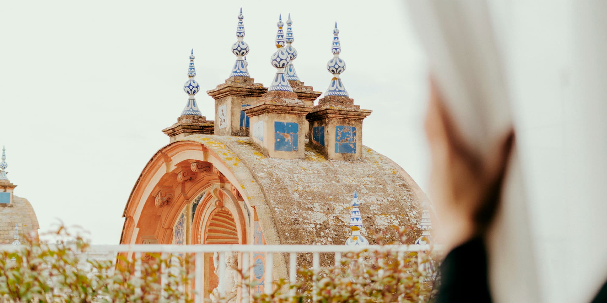 a building with blue and white decorations