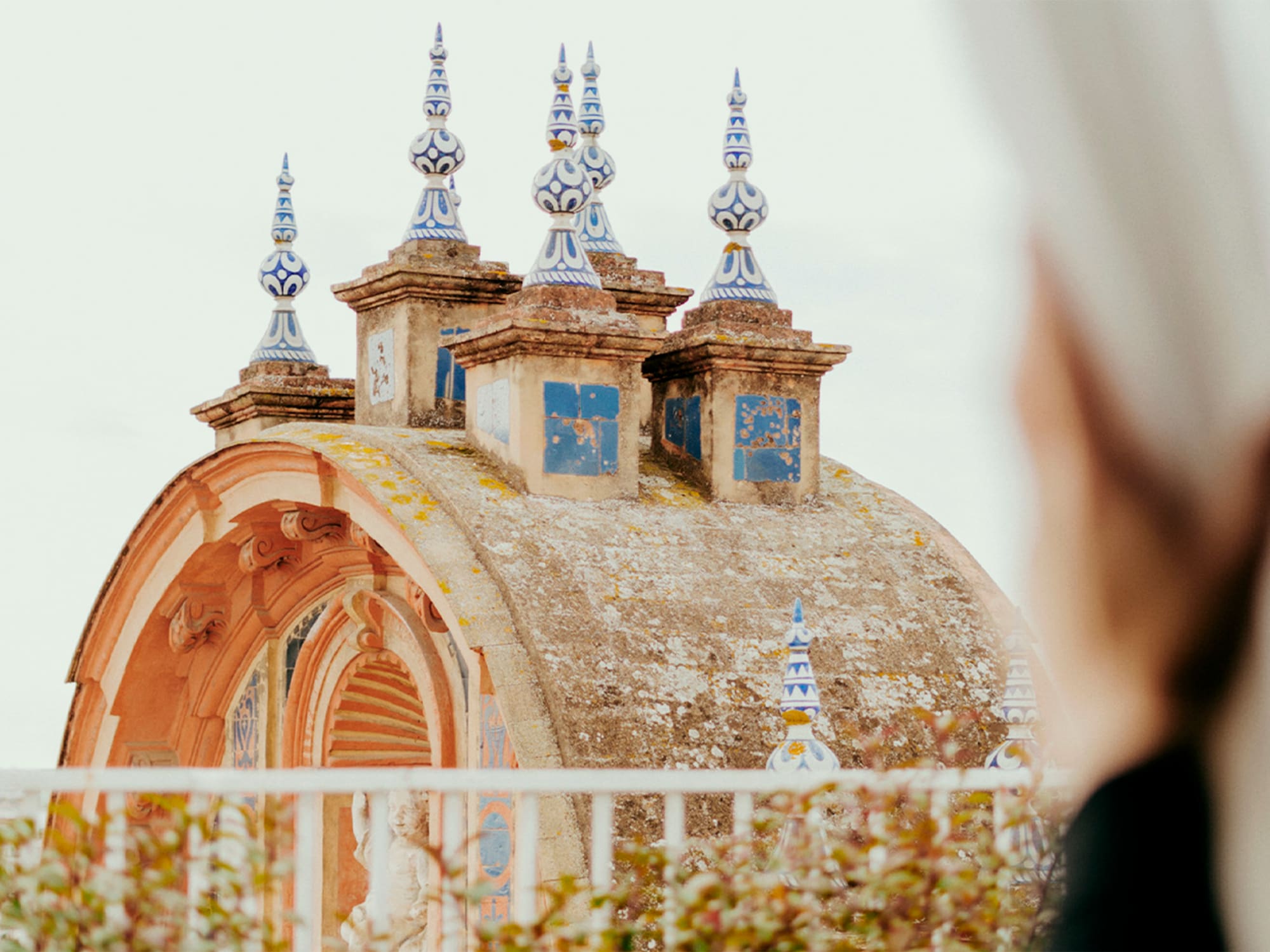 a building with blue and white decorations